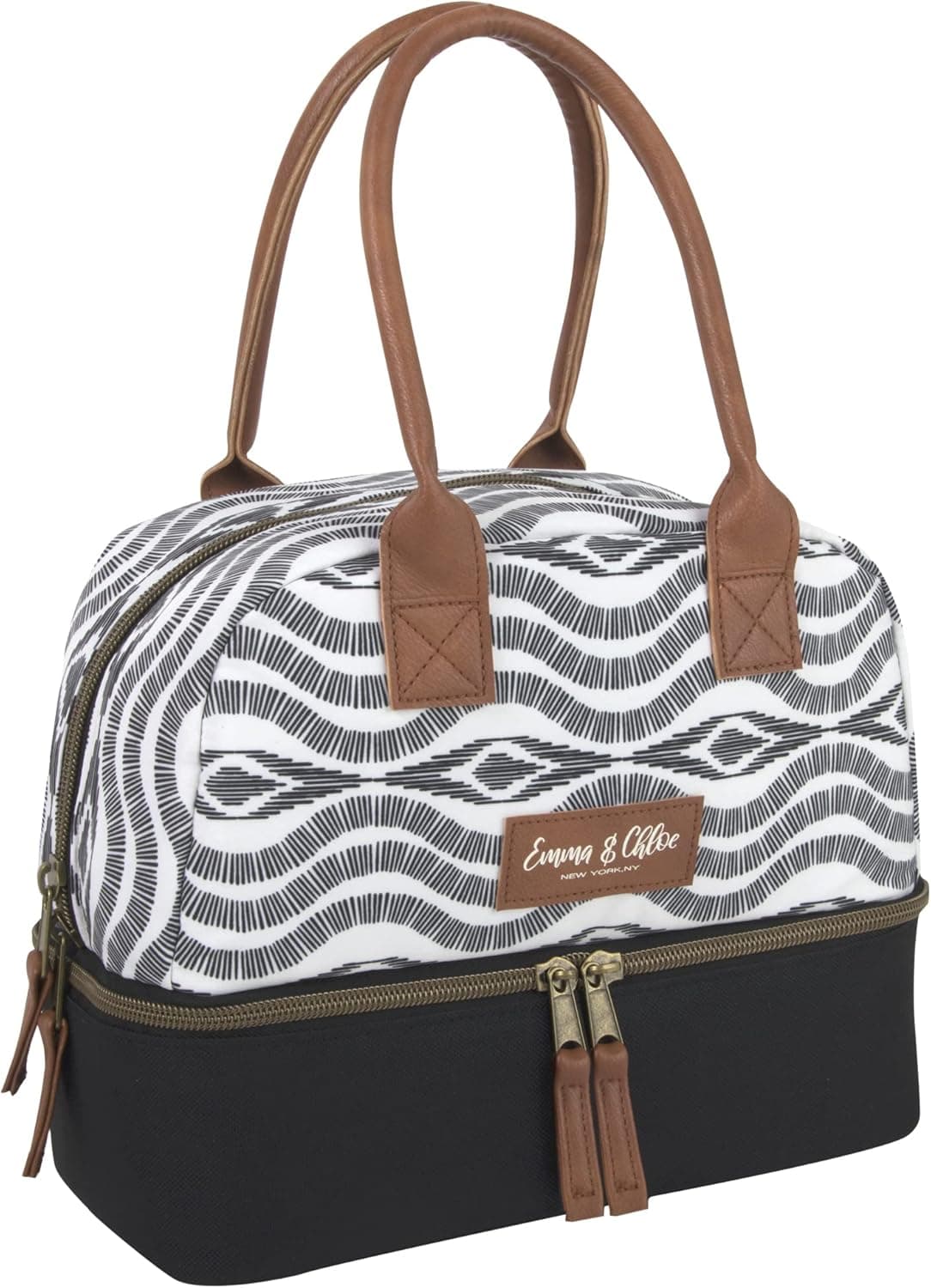 Insulated Food Safe Double Deck Lunch Bags for Women, Emma and Chloe Lunch Bags with Strap for Women Insulated (Black & White)