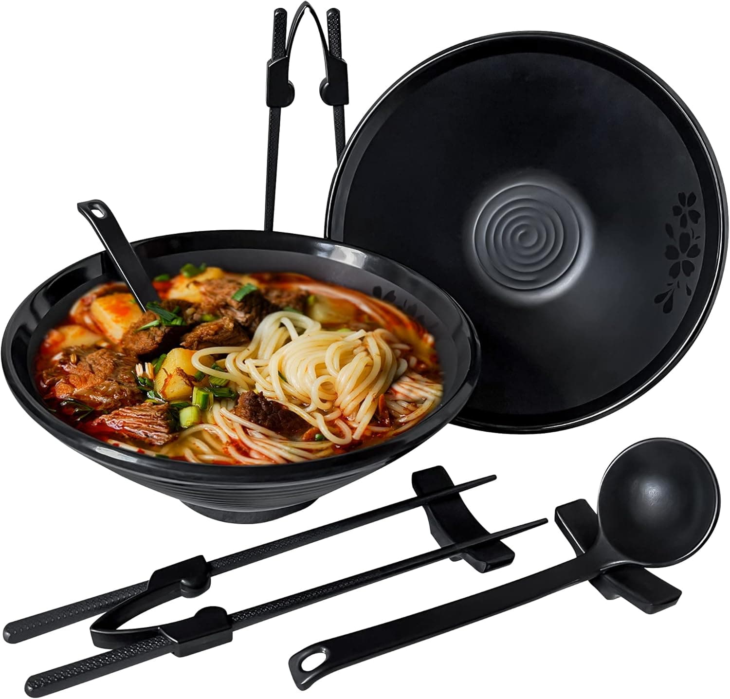 10 PC Large Japanese ramen noodle bowls with chopsticks and trainers.Use as ramen bowl set,pho bowls and spoons set,Asian soup bowls and spoons set.Melamine bowls.Try now, your ramen noodles in a bowl