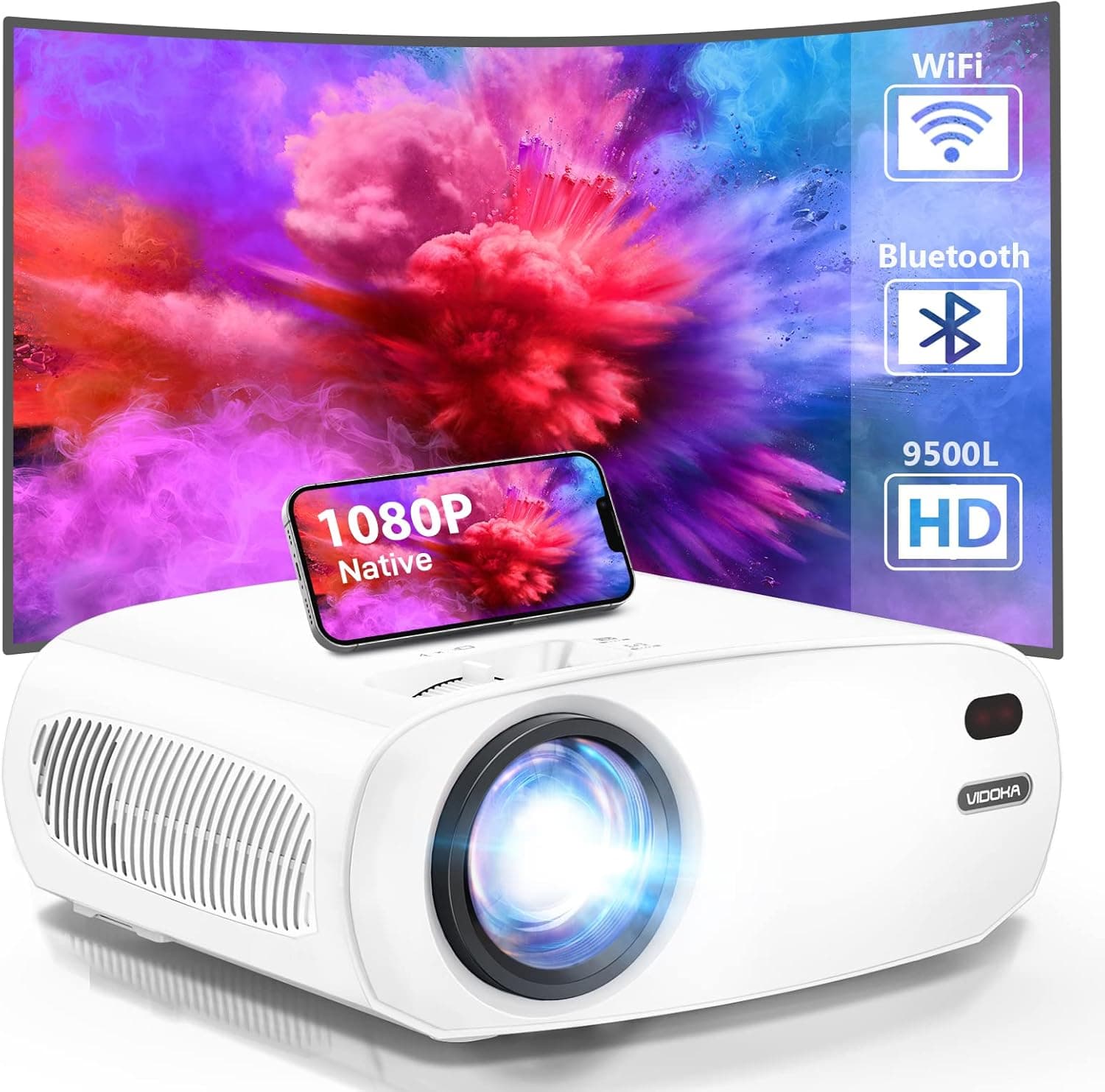 [Upgraded] WiFi Bluetooth Projector, VIDOKA Native 1080P Video Projectors with Dust Filter & Sleep Timer, 4K Supported Portable Outdoor Movie Projector for Phone/iPhone/Android, Carry Bag Included