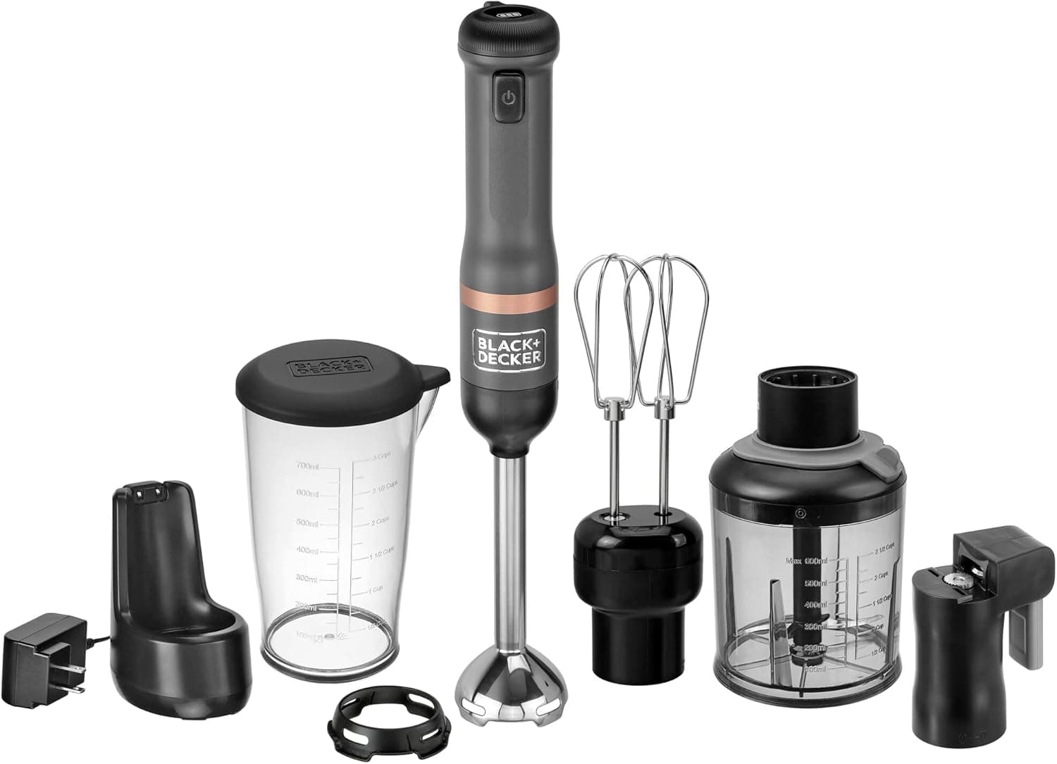 BLACK+DECKER Kitchen Wand Cordless Immersion Blender, 4 in 1 Multi Tool Set, Hand Blender with Charging Dock, Grey (BCKM1014K01)