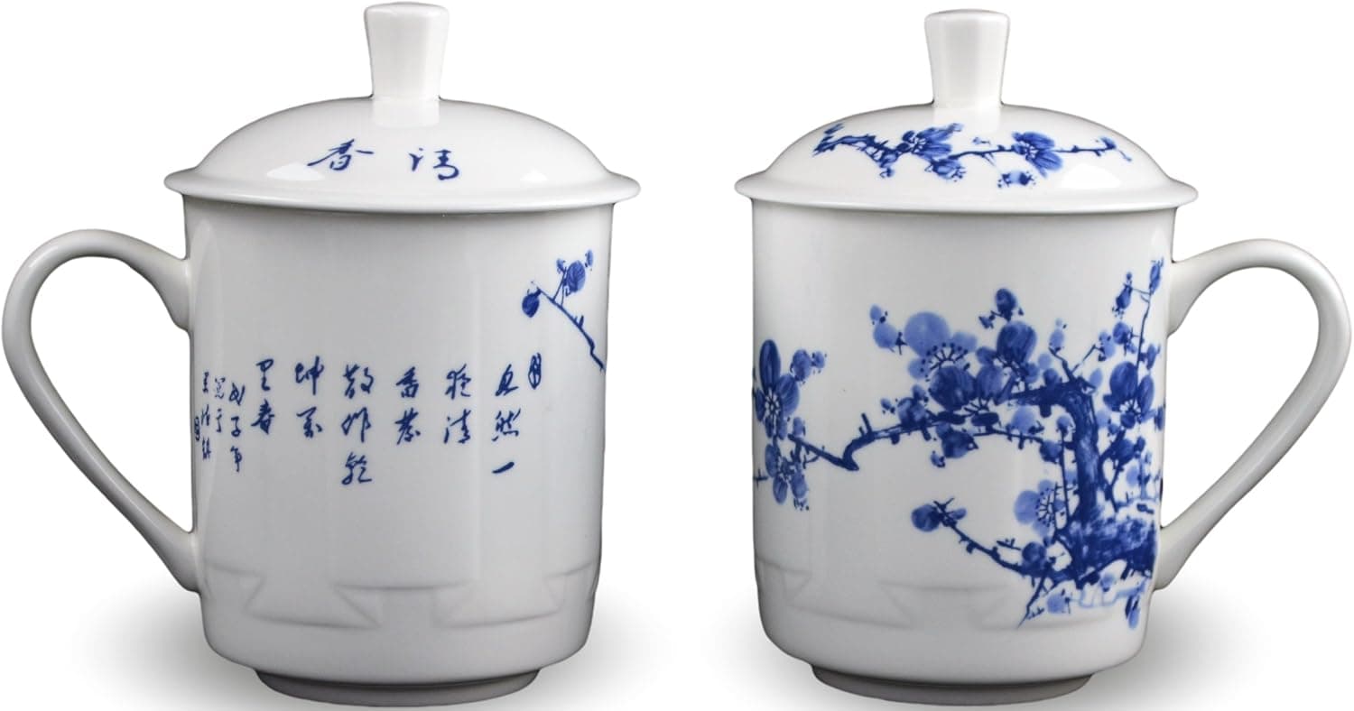 Festcool 2 Bone China 14-ounce Tea Cups Coffee Mugs (With Lid) Plum Blossom Blue and White Porcelain Cherry Blossom One Pair Jingdezhen