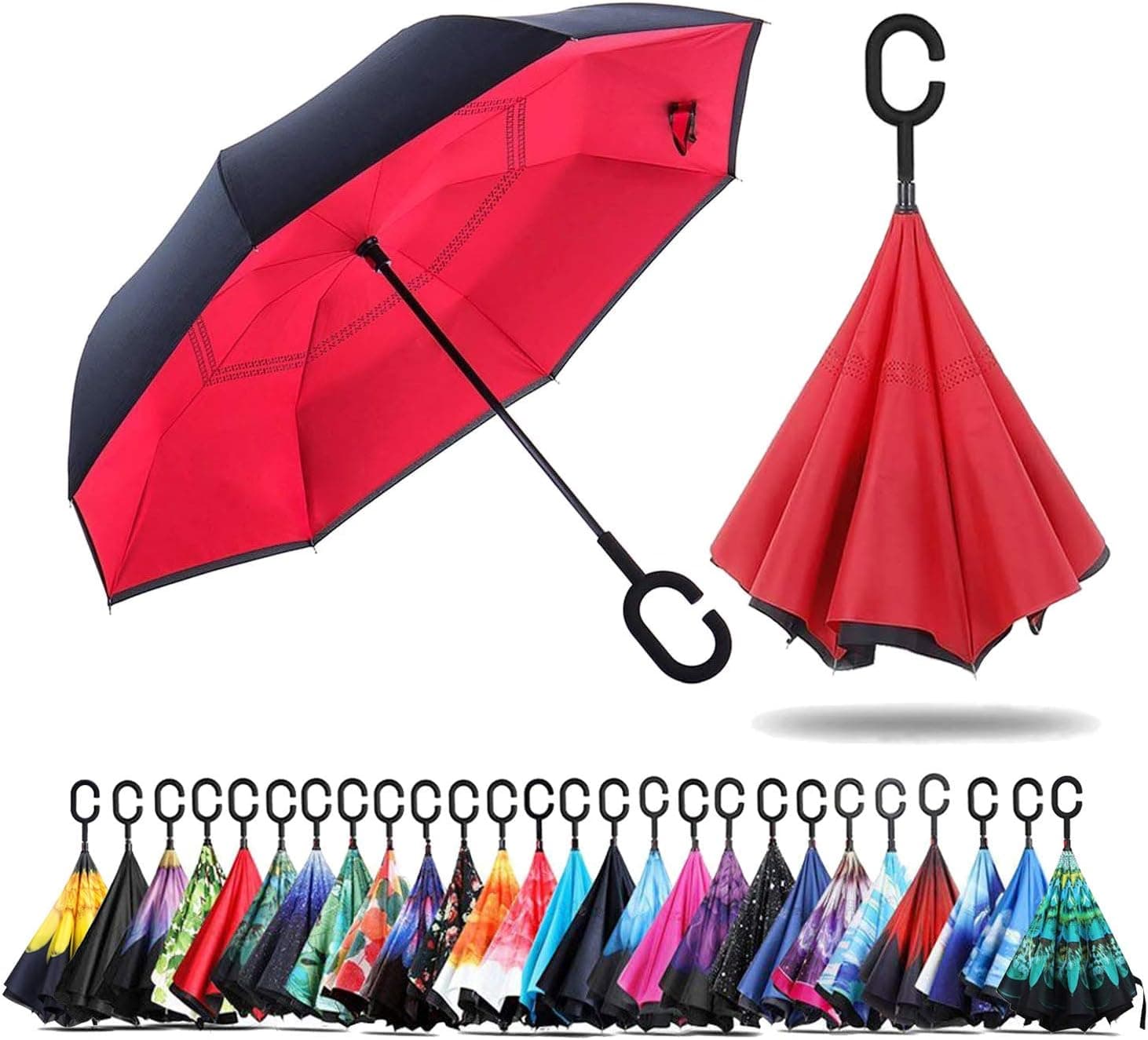 umbresen Double Layer Inverted Umbrella Cars Reverse Open Folding Umbrellas, Windproof UV Protection Large Self Stand Upside Down Straight Umbrella for Golf Women and Men With C-Shaped (red)