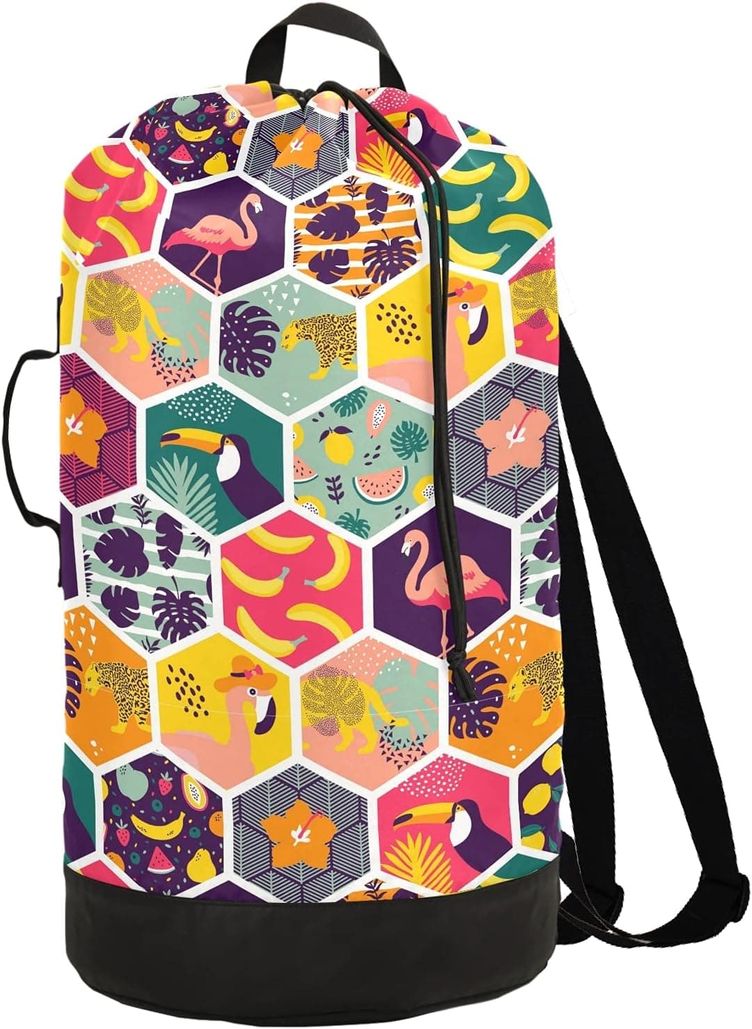 Colorful Tropical Laundry Backpack Large Heavy Duty Laundry Bag with Shoulder Straps Waterproof Laundry bag for Traveling Camp Dirty Clothes Organizer for College Students