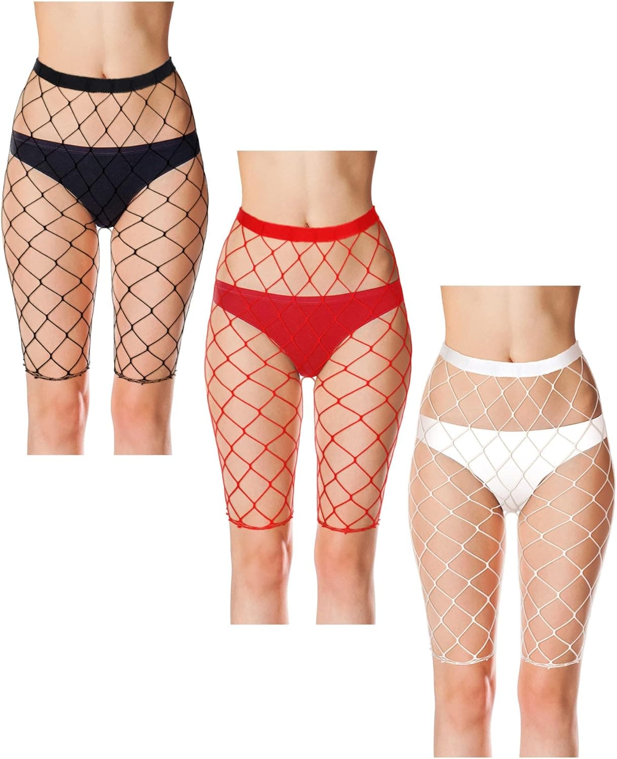 3 Pcs Fishnet Shorts Black Fishnet Biker Shorts for Women Elastic High Waisted Red See Through Shorts White Net Tights Shorts (Big Net Style, Medium)
