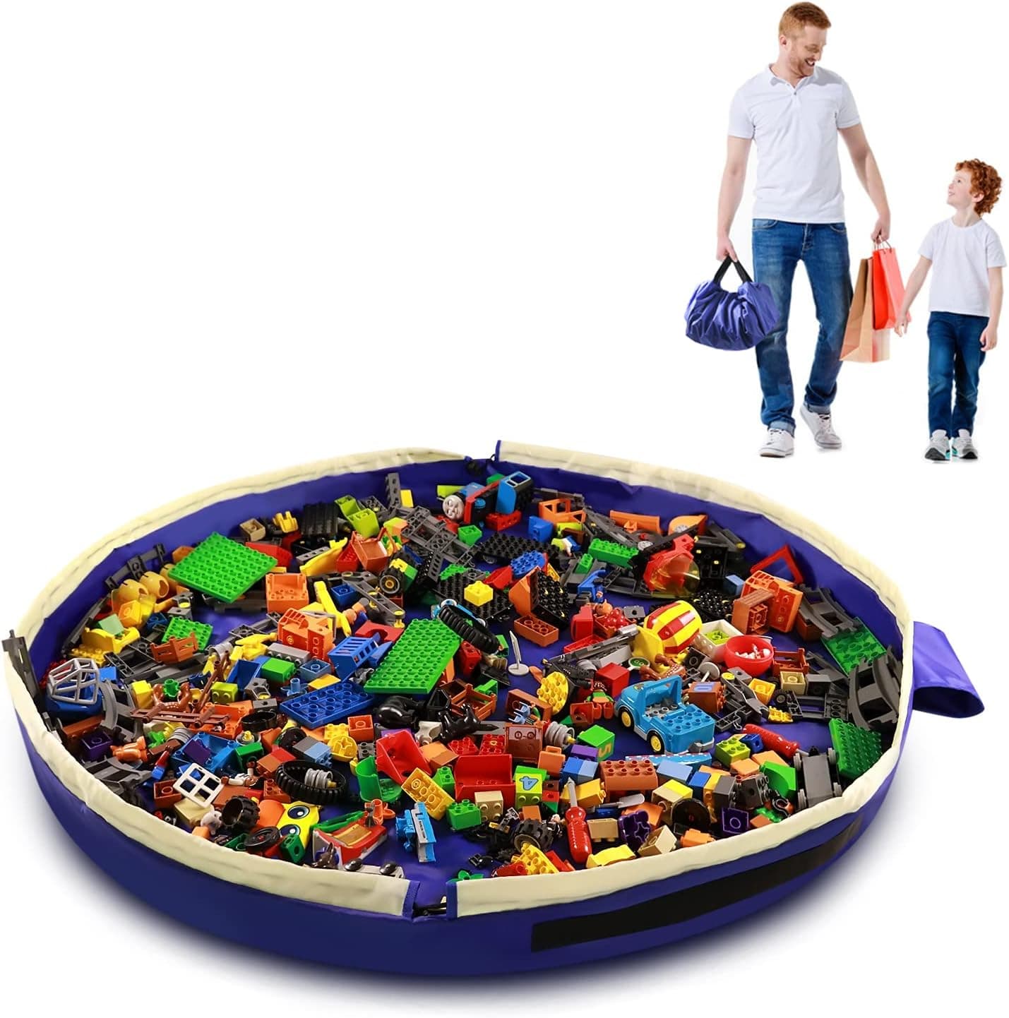 Toy Storage Mat Bag by Drawstring for Lego - Play Mat Bag Toy Storage Container for Kids with Cap can as Gift(Blue 47inch)