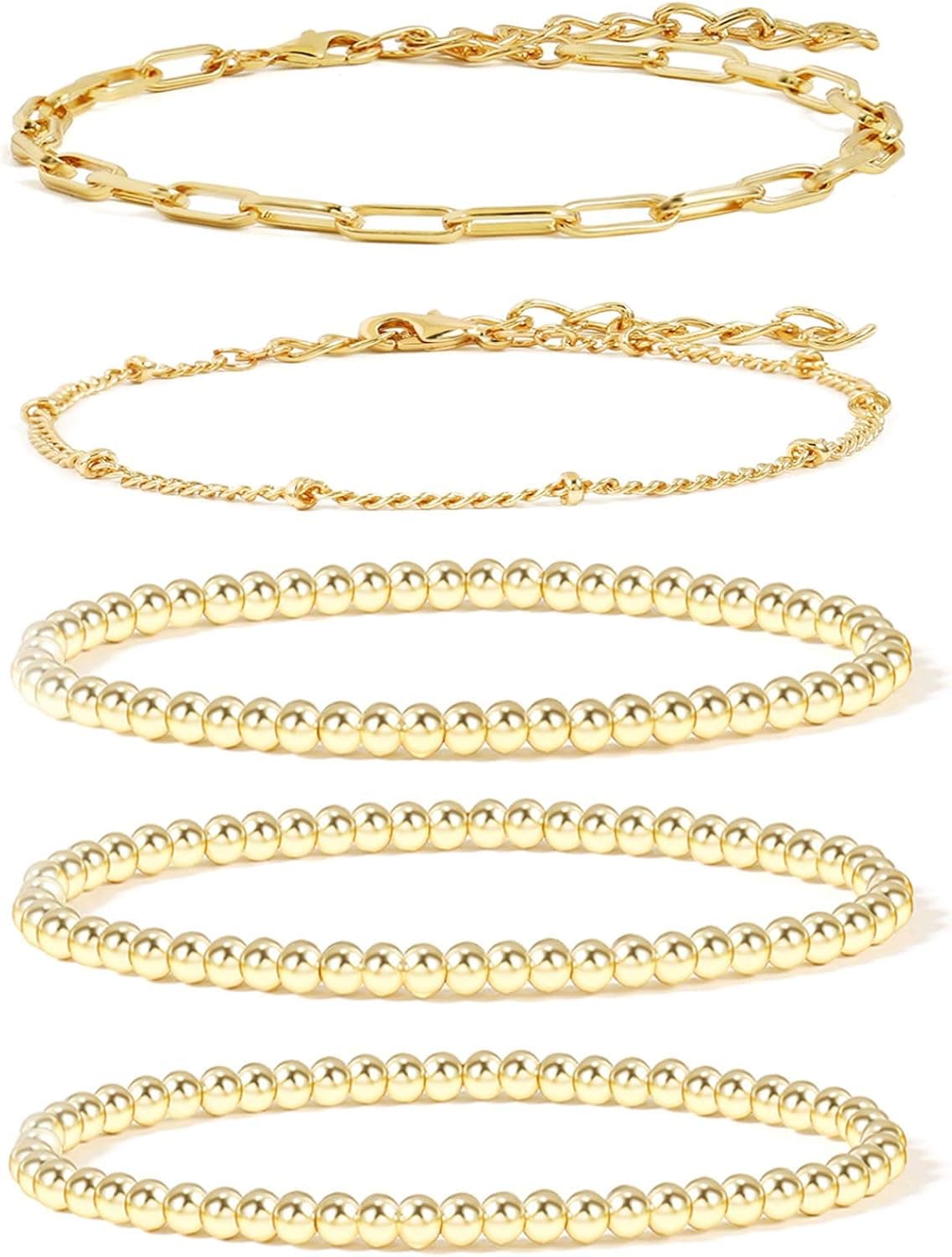 14K Gold Beaded Bracelets for Women,Dainty Gold Plated Chain Link Bracelet Stretchable Adjustable Bracelet……