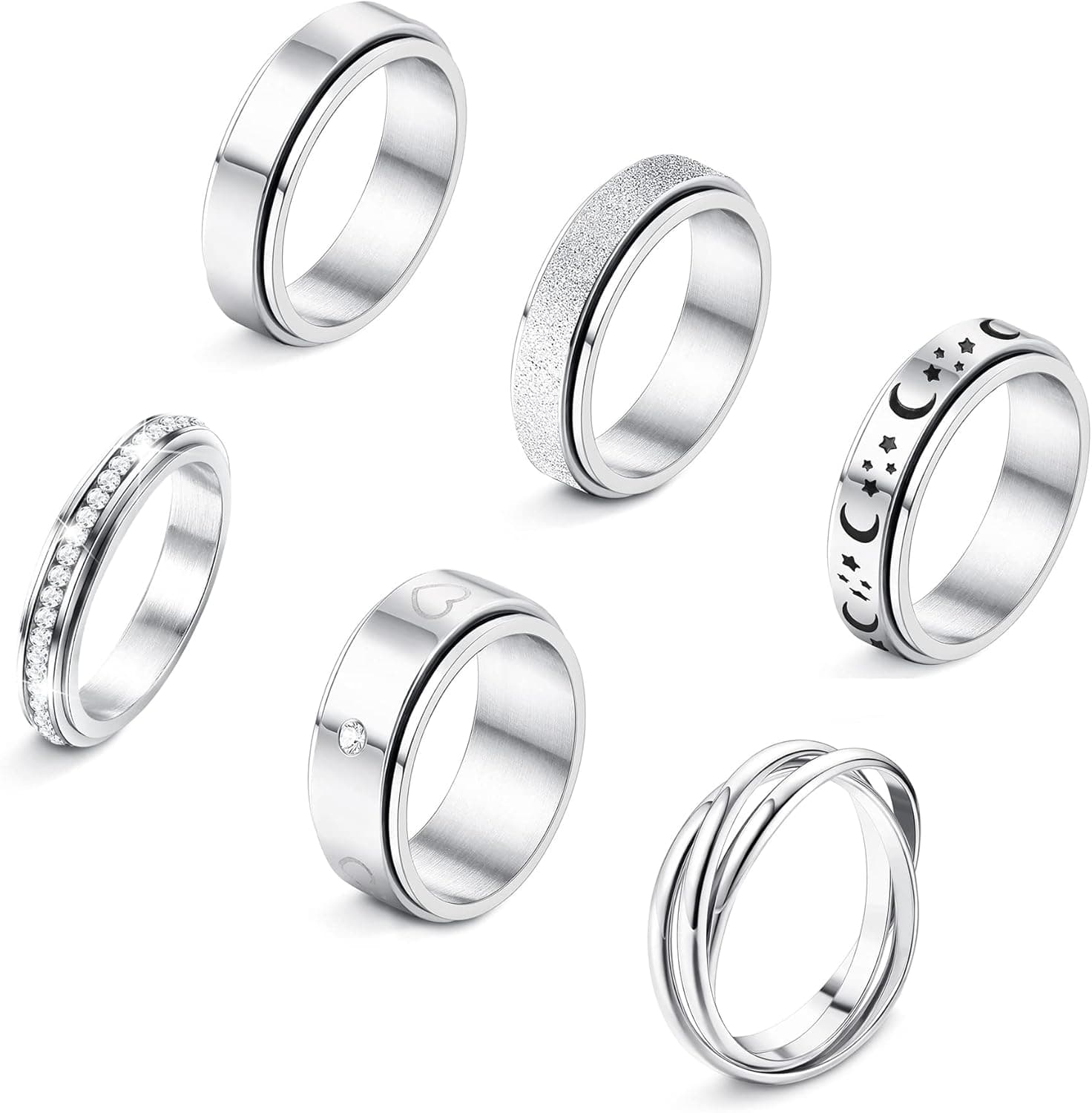 MUSECLOUD Fidget Ring Black Anxiety Ring For Women Mens Rings Size 6-11 Stainless Steel Stackable Thumb Bead Fidget Band 8mm 6mm Knuckle Finger Spinner Ring Set 6-15pcs