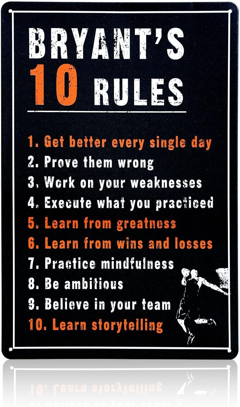 Kobe Bryant Ten Rules Motivational Quotes Wall Art Mamba Mentality Tin Signs Basketball Sports Wall Art Posters for Home Office Gym Wall Decor, 12x8 inches (10 Rules)