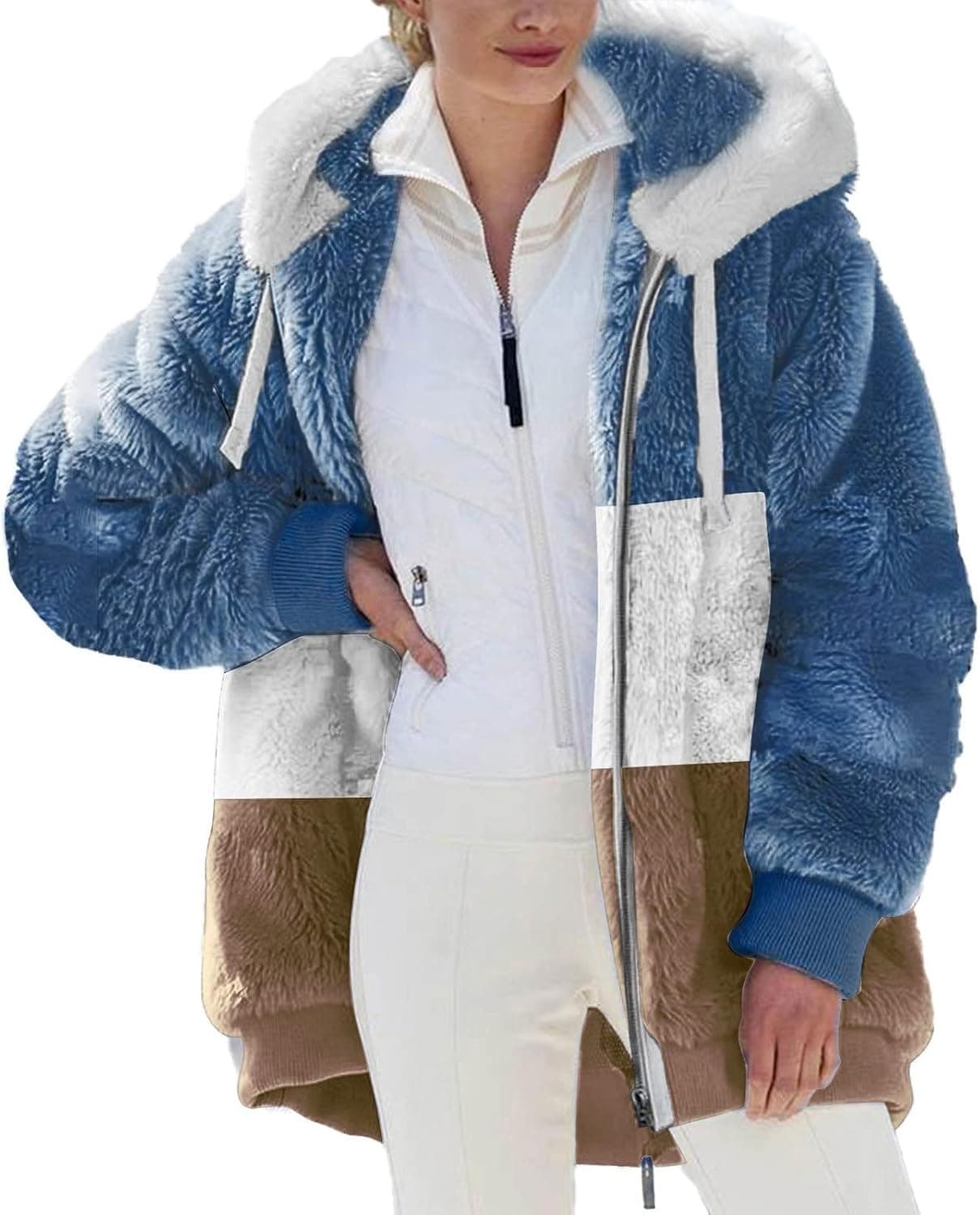 Xfenzhu Womens Fluffy Fleece Coat Sherpa Faux Fur Jackets with Hood Fuzzy Full Zip Hooded Sweatshirt Hoodies Outwear, Khaki, 5XL