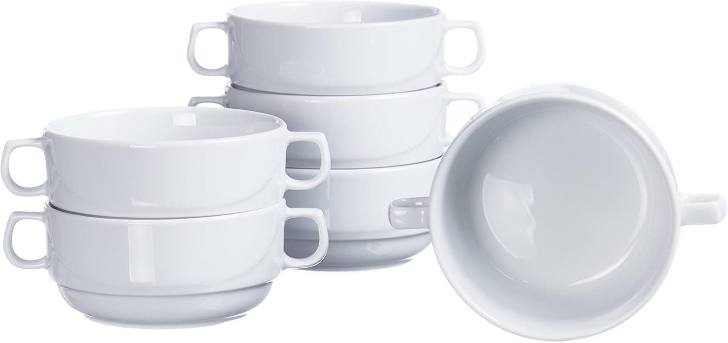 Stackable Soup/Cereal BOWLS with Handles (4-piece, 6-piece, 12-piece Sets), 10.8 Oz, White Porcelain, Restaurant