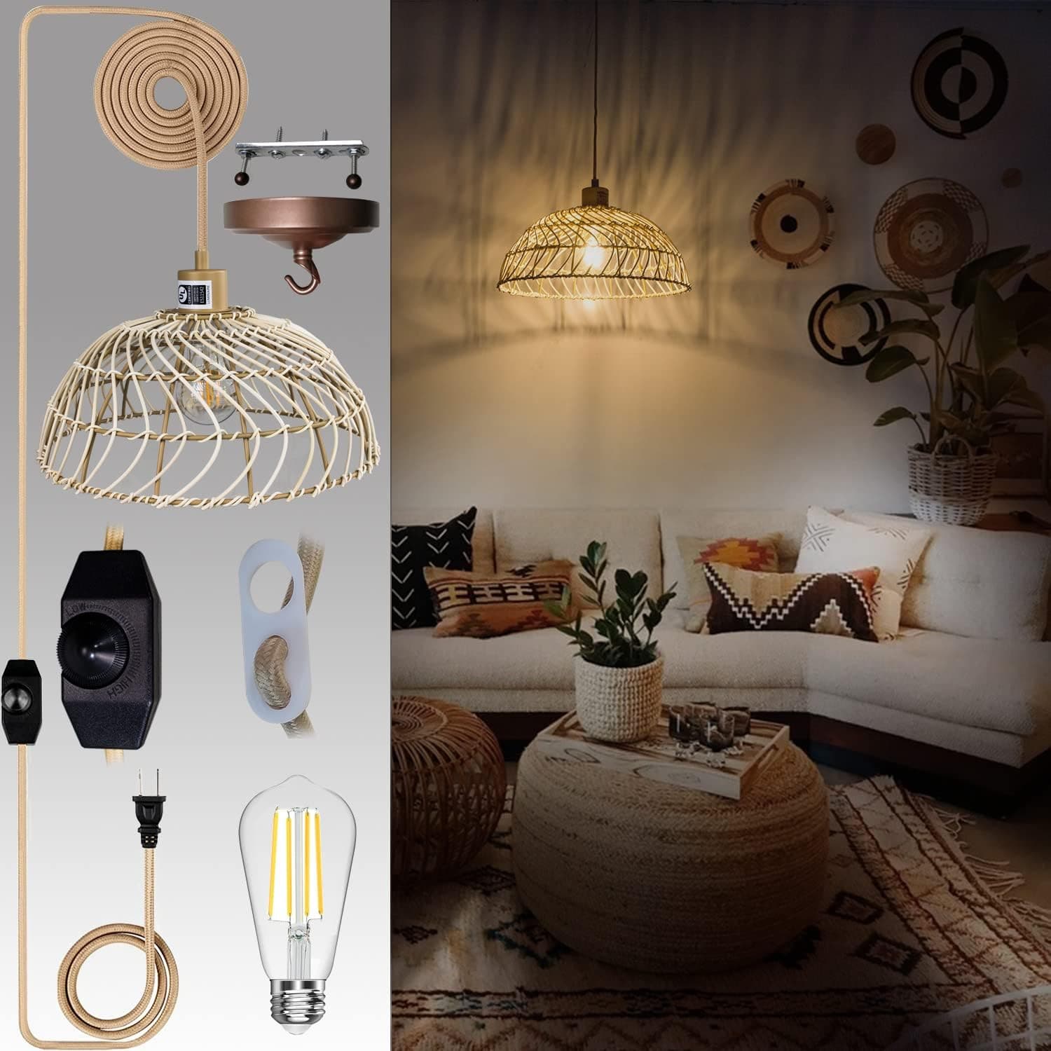 Osasy Rattan Plug in Pendant Light Led Hanging Lamp with Handmade Rattan Weave Lampshade,16FT Hemp Rope Cord,dimmable Switch Pendant Light Haning Lamp for Living Room Bedroom Lighting Decor
