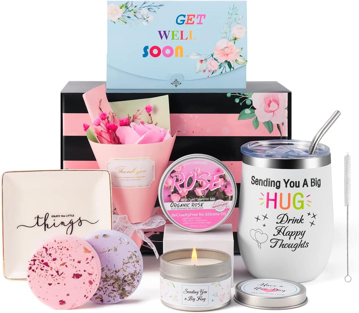 Unique Gift Basket for Woman - 12 oz Insulated Tumbler with Shampoo Bar, Scented Candle, Jewelry Tray, Aromatherapy Shower Steamers - Best Gift for Mother's Day Birthday Christmas Valentine's Day