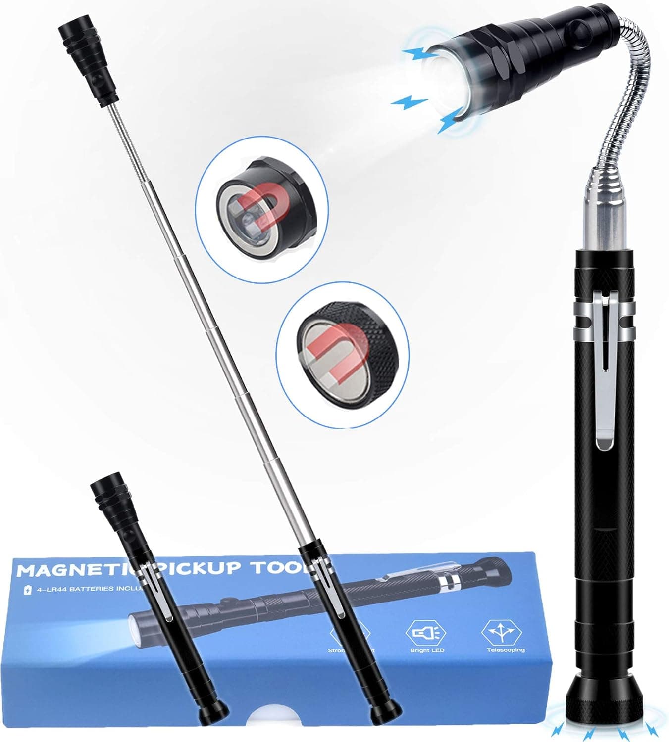 Latger Magnetic Pickup Tool with LED Lights, Telescoping Magnetic Flashlights, Gadgets Tool for Mechanics, Father's Day Gift, Gift for Husband, Valentine Gift for Him , Black