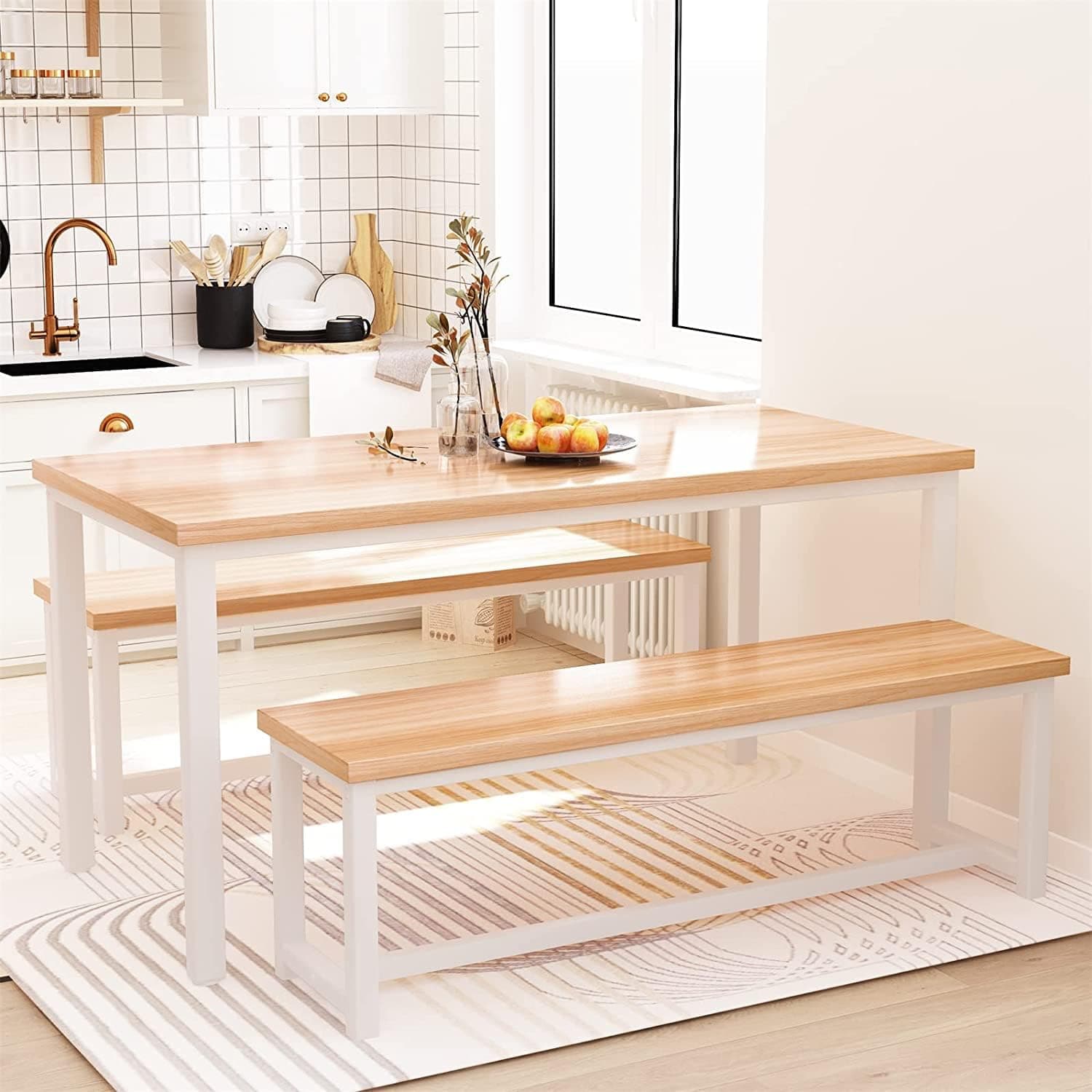 LinkRomat Dining Room Table Set with 2 Benches, Dinner Table Set for 4-6, Wood Breakfast Table Set & PU Leather Upholstered Benches, Beige, 47.2 x 28.7 x 28.7''