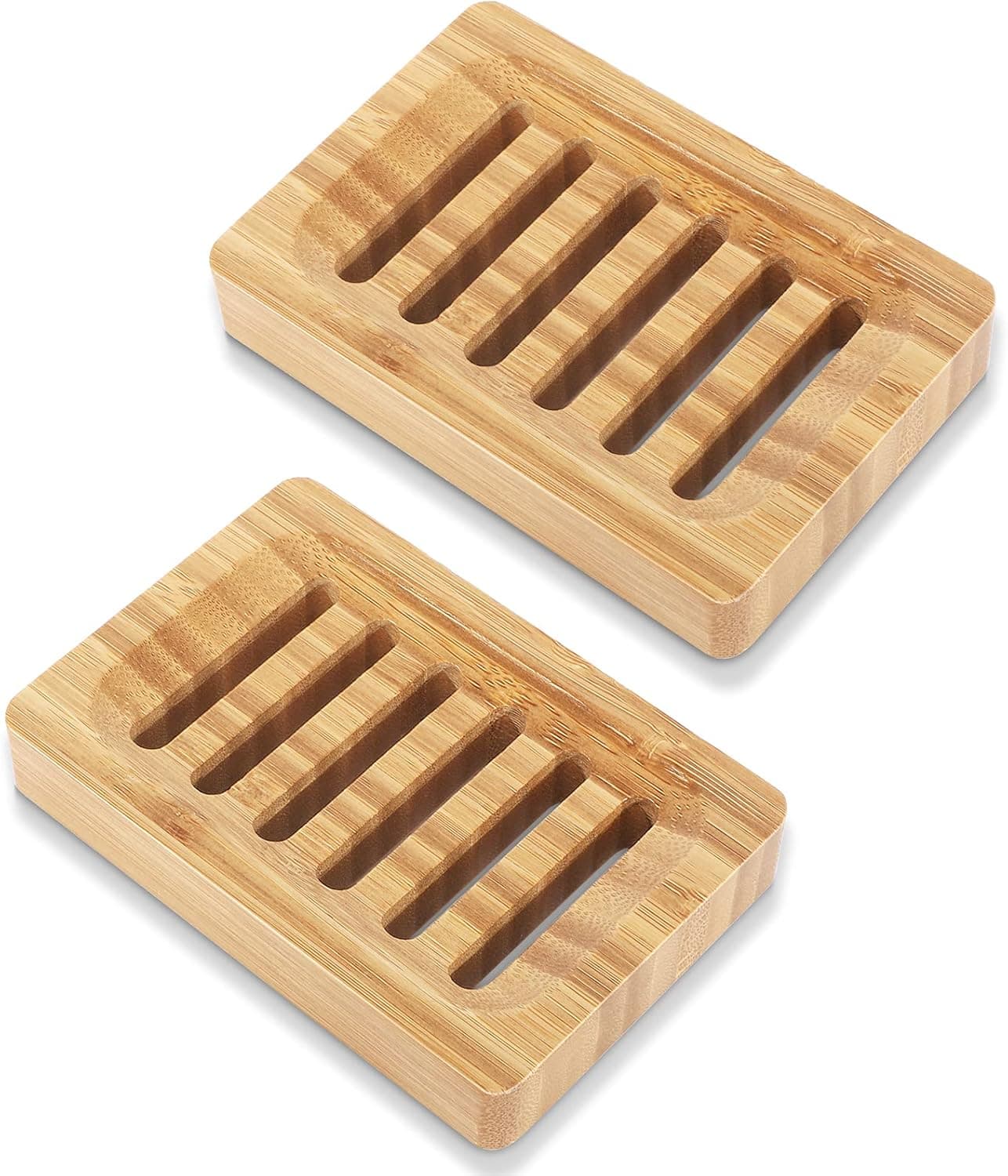 TCJJ 2 Pack Bamboo Soap Dish for Bathroom, Draining Bar Soap Holder Soap Saver for Shower, Bathroom Sink, Bathtub, Kitchen