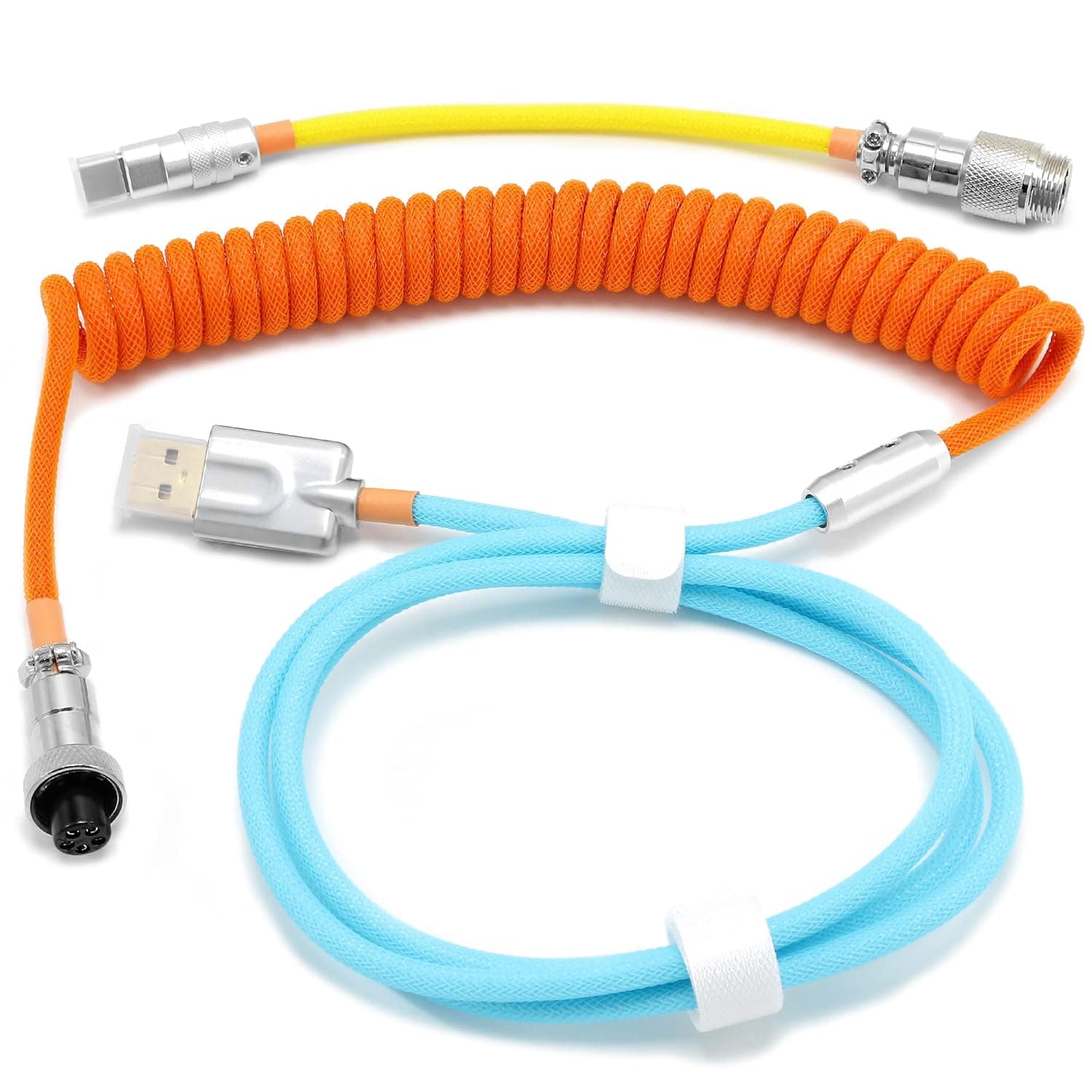 NEBULABS 5ft Keyboard Cable Gaming PC's Mechanical Aviator Classic Coiled Cable USB-C Cable, Customized Metal Plug with Detachable Connector, USB-C GX-16 Mod Pro USB-A to USB-C – Orange & Blue