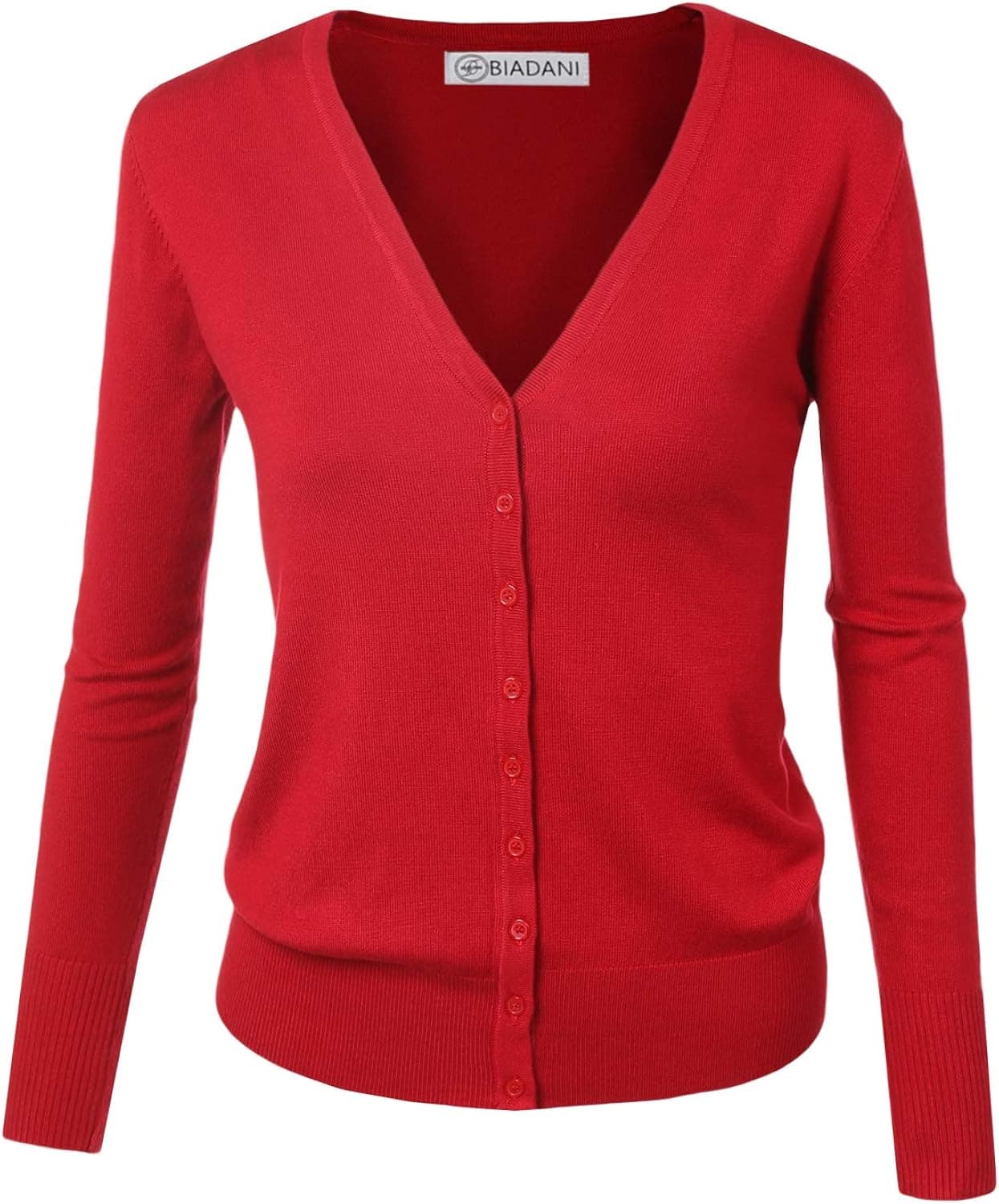 BIADANI Women Button Down Long Sleeve Soft V-Neck Cardigan Sweater Red 1X-Large