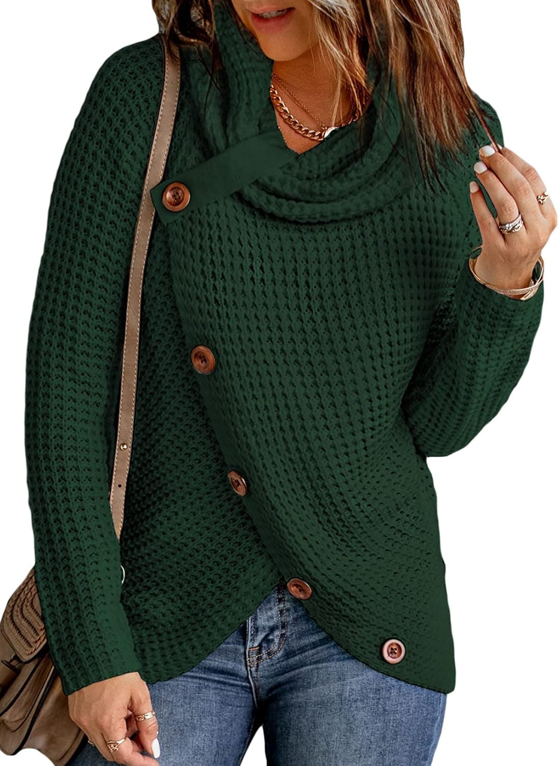Actloe Womens Cowl Neck Long Sleeve Asymmetrical Hem Sweaters Front Wrap Pullover Jumper