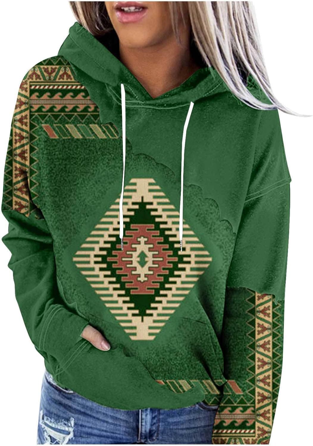 DOLKFU Western Ethnic Print Hoodies For Women Aztec Graphic Casual Pullover Sweatshirt Fashion Geometric Drawstring Blouse
