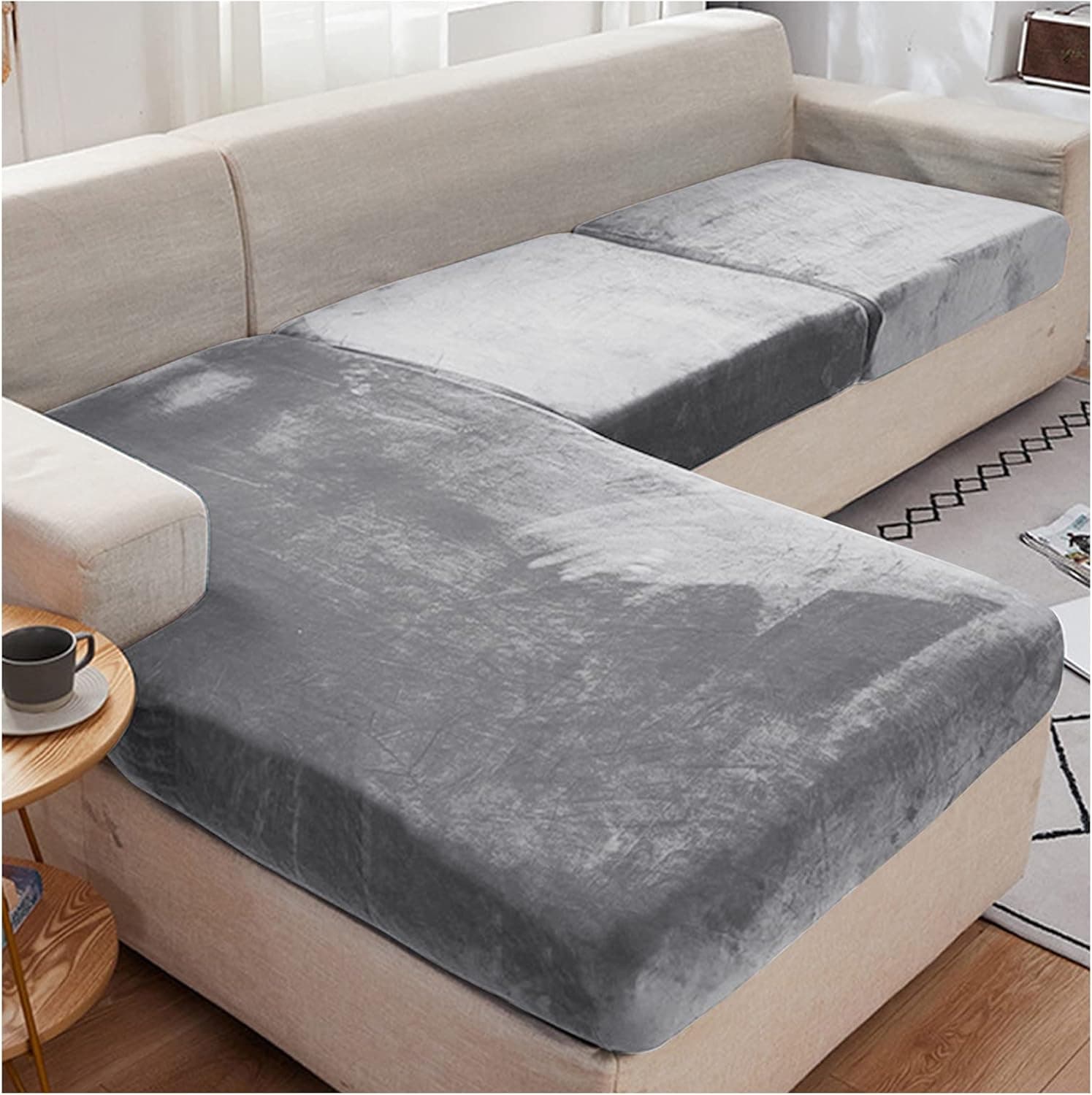 Rosnek Stretch Couch Cushion Covers for Sectional Sofa L Shape,Velvet Sectional Sofa Cover Soft Slipcover for L Shaped Sofa(for 3 Cushions or Chaise Longue,1 Piece)