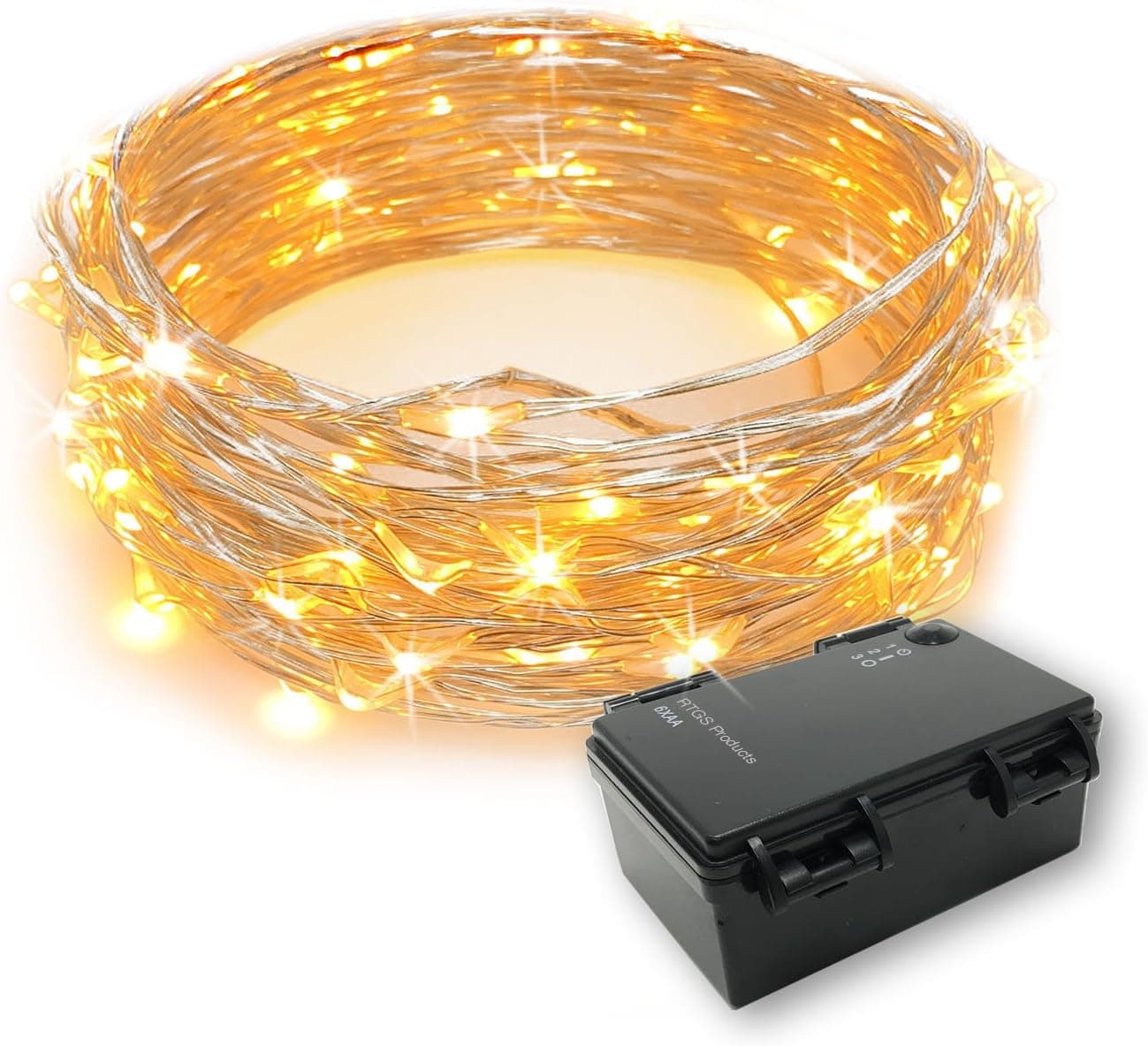 RTGS 60 LEDs String Lights Battery Operated on 20 Feet Long Silver Color Wire, Indoor and Outdoor with Waterproof Battery Box and Timer (Warm White)