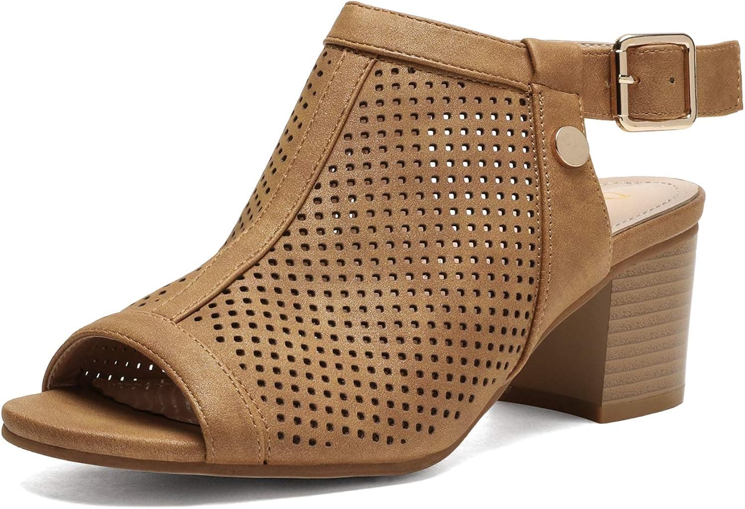 DREAM PAIRS Women’s Brown PU Cutout Peep Toe Stacked Low Heel Ankle Booties 5 M US Route