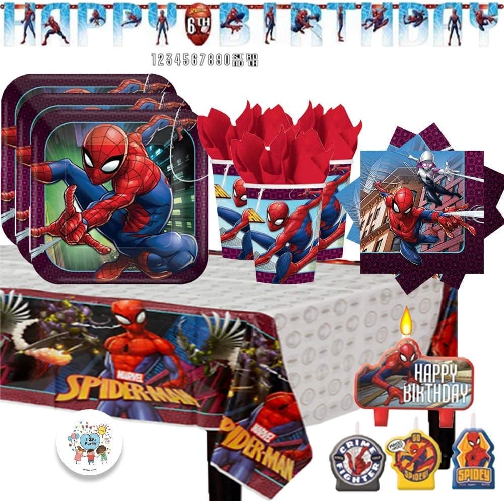 Spiderman Party Supply Pack with Birthday Banner, Plates, Cups, Napkins, Tablecover, Birthday Candles, and Exclusive Birthday Pin by Another Dream!
