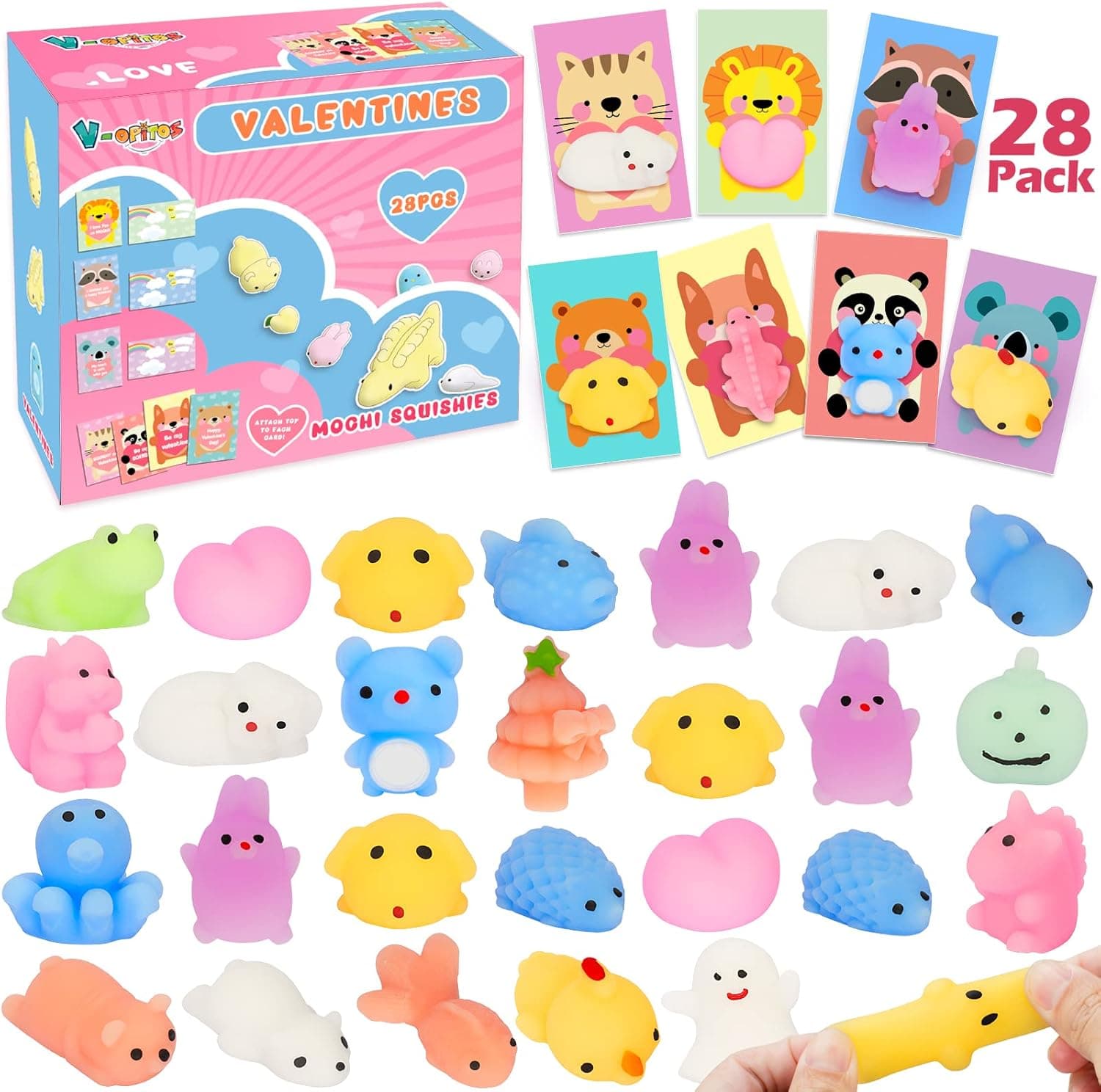 Valentines Day Cards for Kids - 28 Packs Cute Mochi Squishies Toys with Gifts Cards, Valentine Party Favors Toys for Boys & Girls, Kids Exchange Cards for School Classroom, Ideal Valentine Gifts