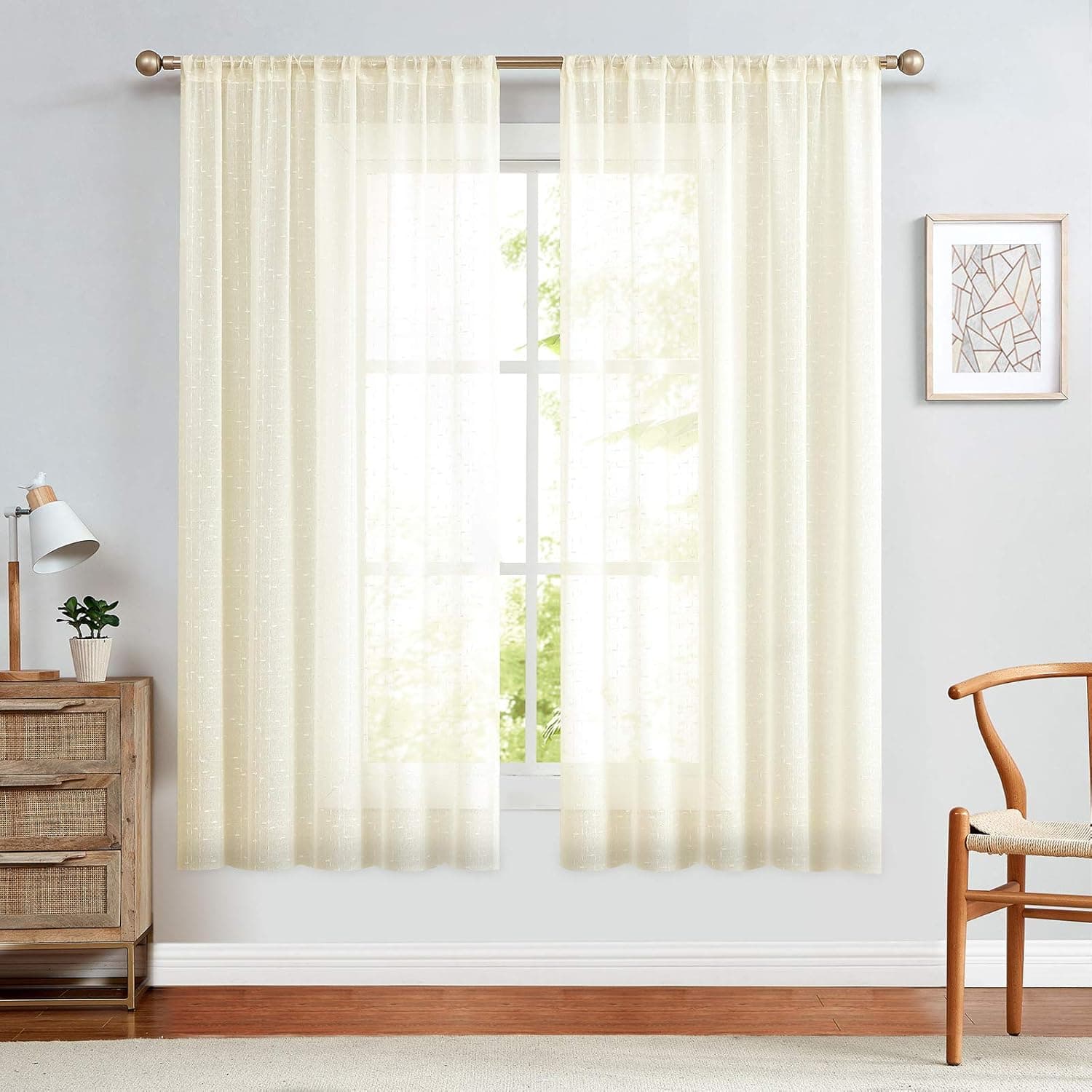 jinchan Sheer Curtains for Bedroom 2 Panels Set Living Room Curtains 63 Inch Length Plaid Semi Sheer Farmhouse Curtains Light Diffusing Rod Pocket Voile Drapes Beige