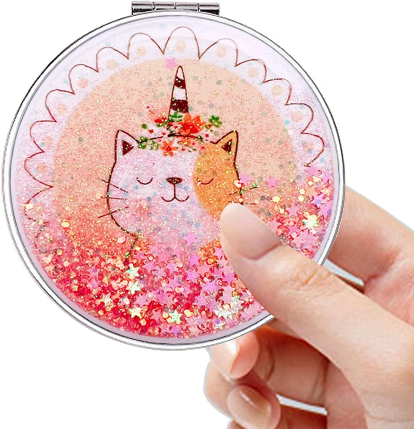 Compact Mirror, Pocket Mirror, Acedada Portable Travel Makeup Mirror with Glitter Quicksand, Small Mirror for Purse, Folding Double-Sided 1x/2x Magnifying Compact Mirror for Women Girls Gift - Red cat