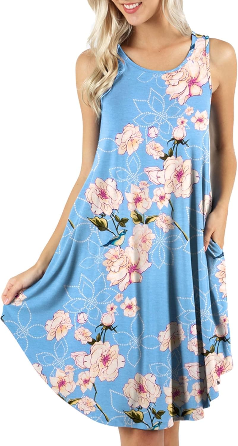peassa Women's Sleeveless Pockets Casual Swing T-Shirt Short Dresses