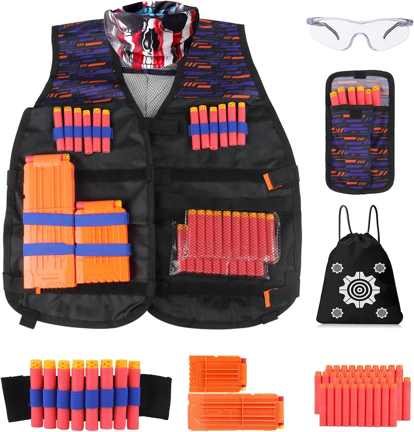 Yomuse Kids Tactical Vest Kits for Foam Blaster N-Strike Elite Series with Refill Darts,Darts Magazine,Wrist Band,Tactical Mask,Protective Goggles for Boys&Girls Orange