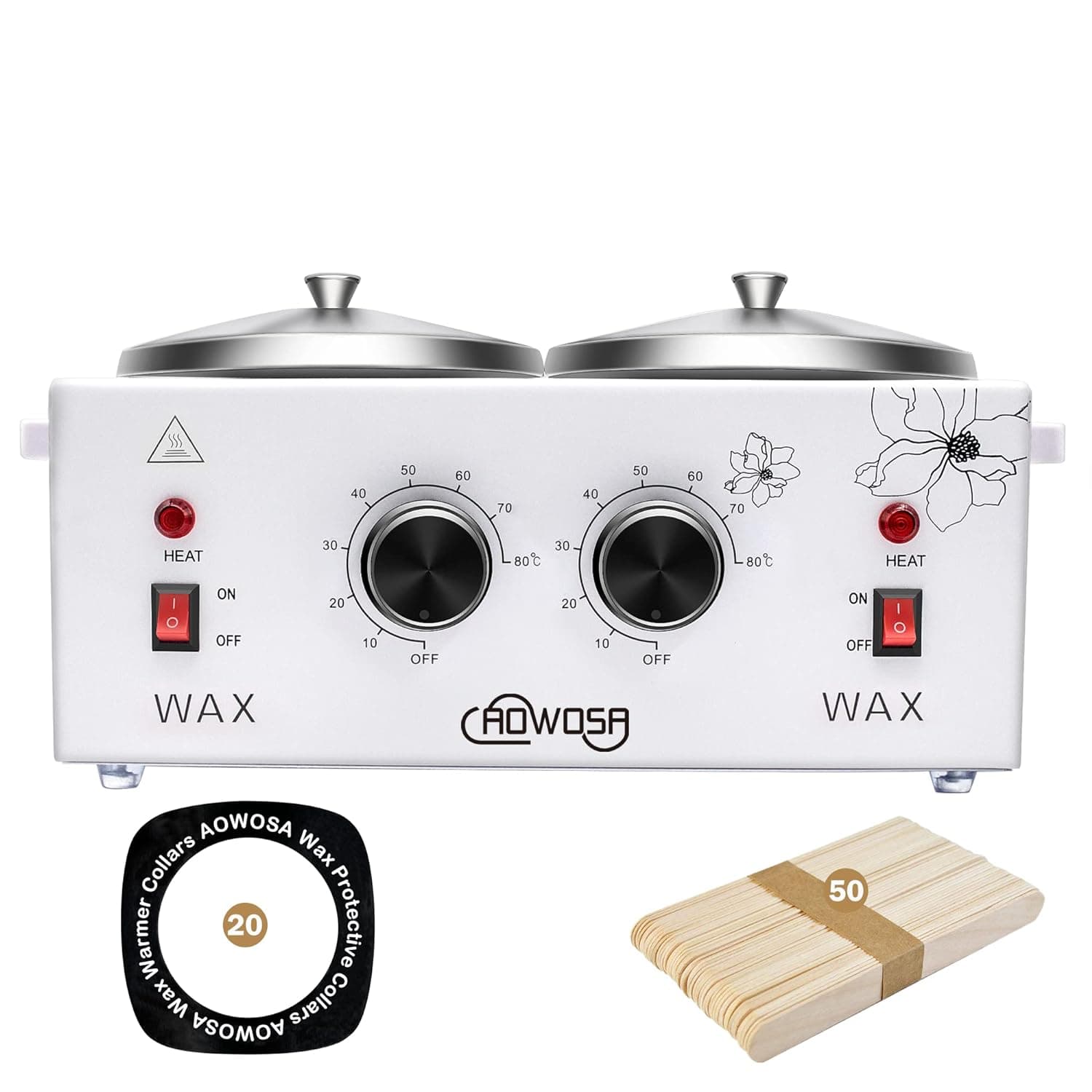 Double Wax Warmer Professional Electric Wax Heater Machine for Hair Removal, Dual Wax Pot Paraffin Facial Skin Body SPA Salon Equipment with Adjustable Temperature Set, 50 Wax Sticks and 20 Collars
