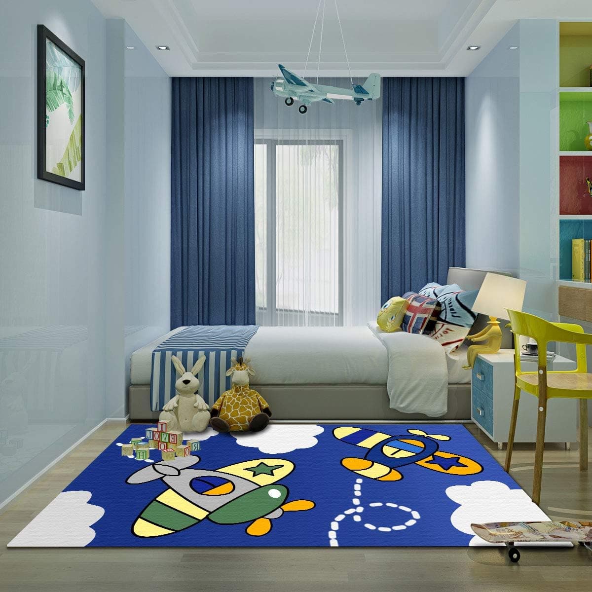 Kid Bedroom Rug, 4’x 6’ YAMTION Boys and Girls Area Rug, Large Blue and White Soft Children Carpet, Non Slip Indoor Airplane Cartoon Rugs for Living Room, Playroom, Classroom, Nursery and Dormitory