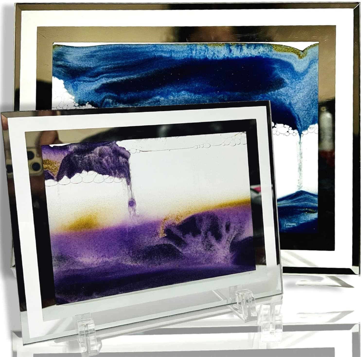 Inne' Peace Moving Sand Art Picture (2pcs of Blue & Purple) - 3D Sand Art Liquid Motion Deep Sea Glass Dynamic Quick Moving Sand Art Decor Frame for Desktop and Home Decor with Free Wipes