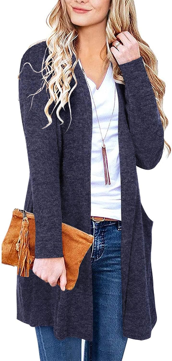 Newshows Women's Long Sleeve Open Front Fuzzy Knit Solid Casual Cardigan Sweater Coat Outwear with Pockets