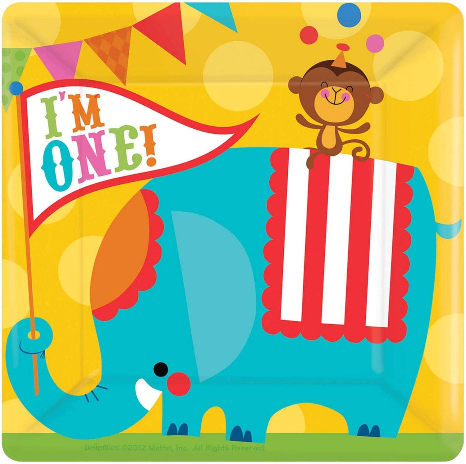 amscan Circus 1st Birthday Party Square Dinner Plates, Multicolor, 10"