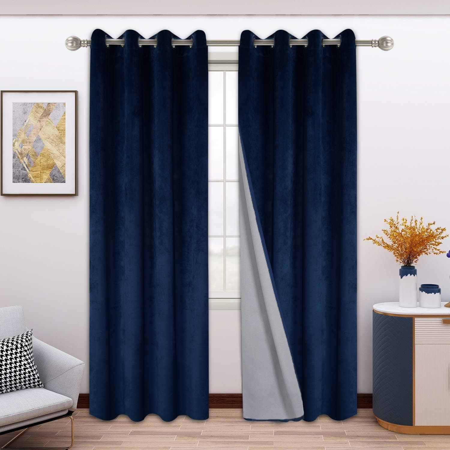 FLOWEROOM 100% Blackout Velvet Curtains for Bedroom, 52 x 96 Inches Long, Navy Blue - Thermal Insulated Window Curtains for Living Room, Light Blocking Energy Saving Grommet Drapes, Set of 2 Panels