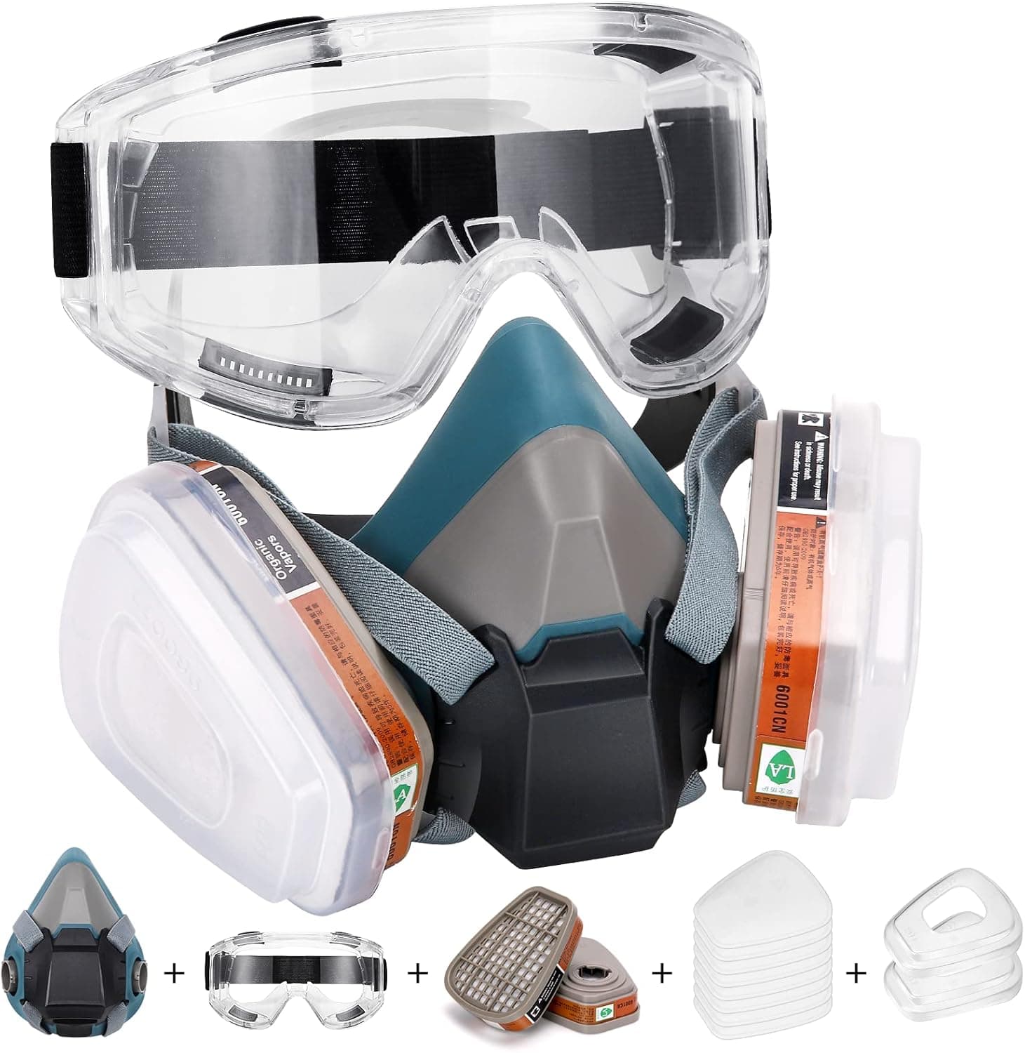 Respirator Mask, Reusable Half Face Gas Masks with Dual Activated Carbon Filters and Anti-Fog Safety Glasses Against Painting/Chemicals /Organic Vapors Perfect for Painters, Spray, Resin, Sanding Work