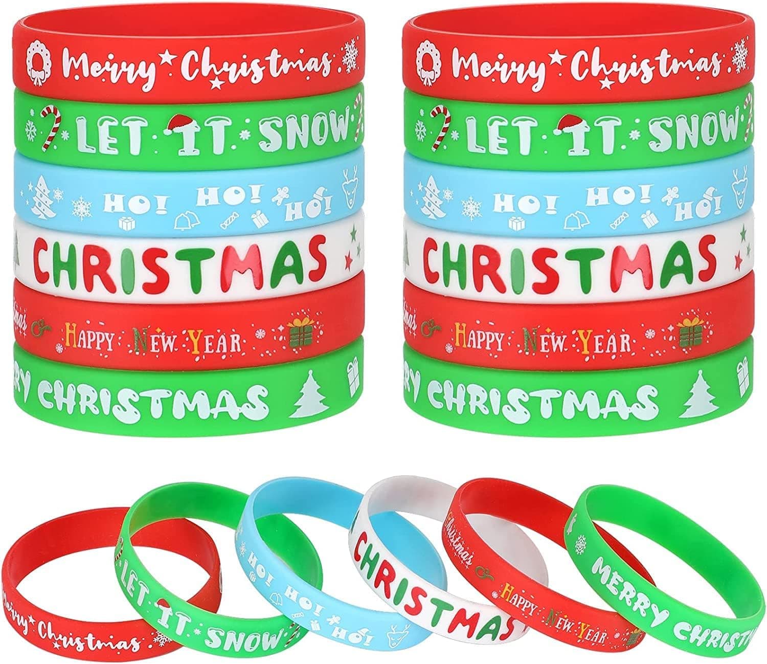 JUNEBRUSHS 24Pcs Christmas Silicone Bracelets, Rubber Wristbands Christmas Party Favors for Kids Decorations for Xmas Stocking Stuffers Wrist Band Accessories Gifts Supplies