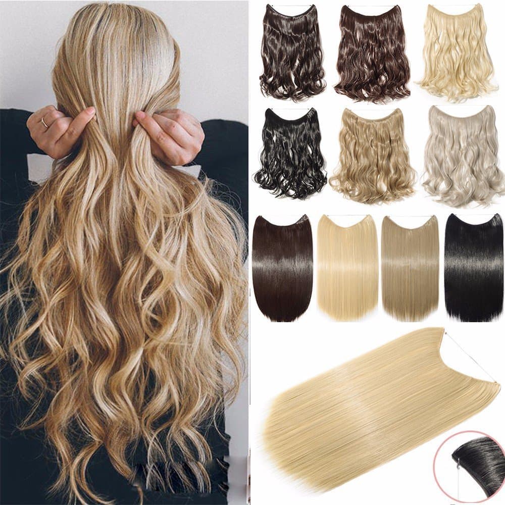 Hair Extensions 20" 90G Invisible Wire No Clips in Secret Rubber Band Hairpieces Real Natural Human Made Synthetic Hair (24"-curly, bleach blonde)