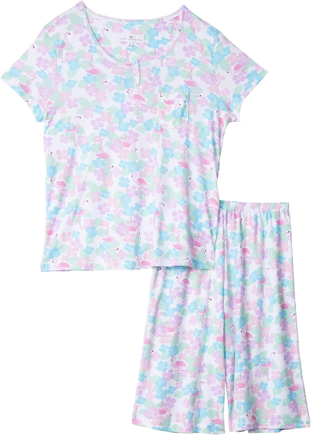Karen Neuburger Women's Top and Bermuda Pant Bottom Pajama Set Pj, Caribbean Queen White, Small