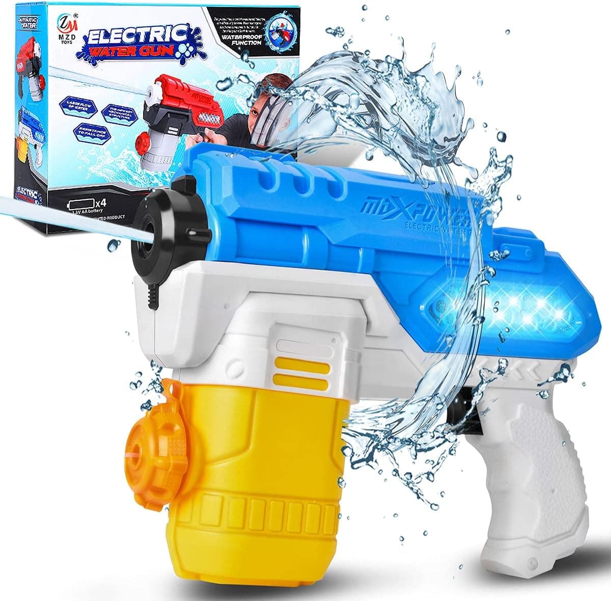 Electric Water Gun, Battery Operated Squirt Guns with Cool LED Lights, 300CC Long Range Water Blaster for Kids Adults Swimming Pool Beach Party Water Fighting (Blue)
