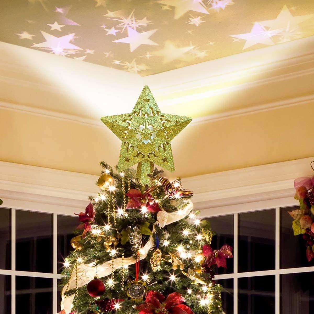 StarFlake Christmas Tree Topper with Built-in Rotating Magic Ball, Golden Christmas Decoration, LED Treetop Projector for Crown Christmas Tree Ornament