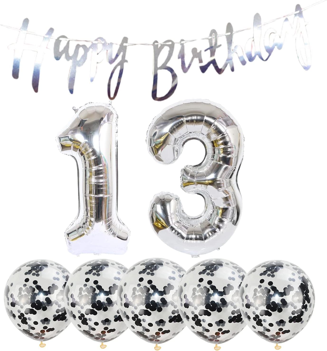 Chaungfu 13th Birthday Decoration Happy Birthday Banner Balloons 13 Years Old Birthday Party Supplies Helium Balloons Number 13 Balloons Latex Balloon Foil Balloon, Silver Birthday Party Decoration