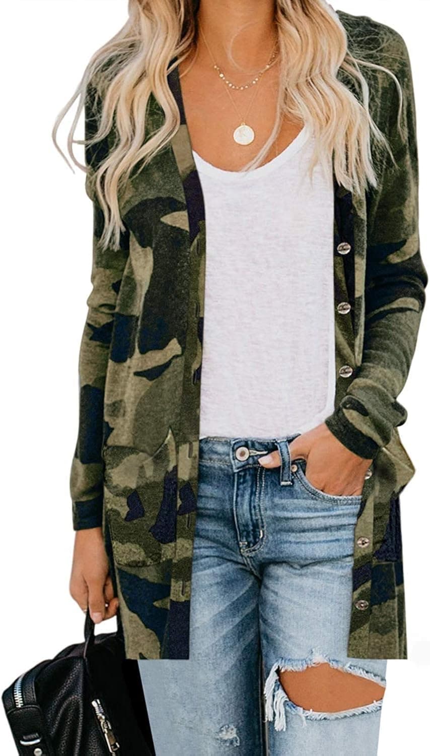 Button Down Duster Cardigans for Women Camouflage Open Front Cozy Long Cardigan Green M