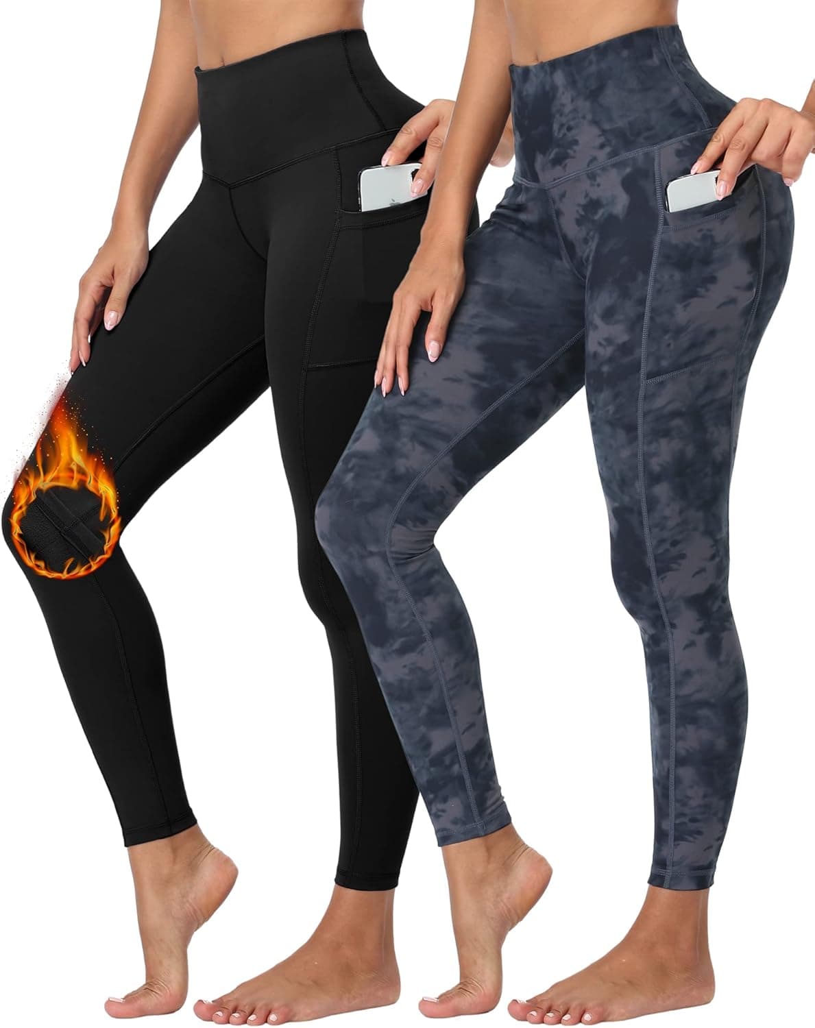 WHOUARE 2 Pack Women's Fleece Lined Leggings with Pockets,Winter Warm Lined Workout Yoga Pants High Waisted Thermal Tights