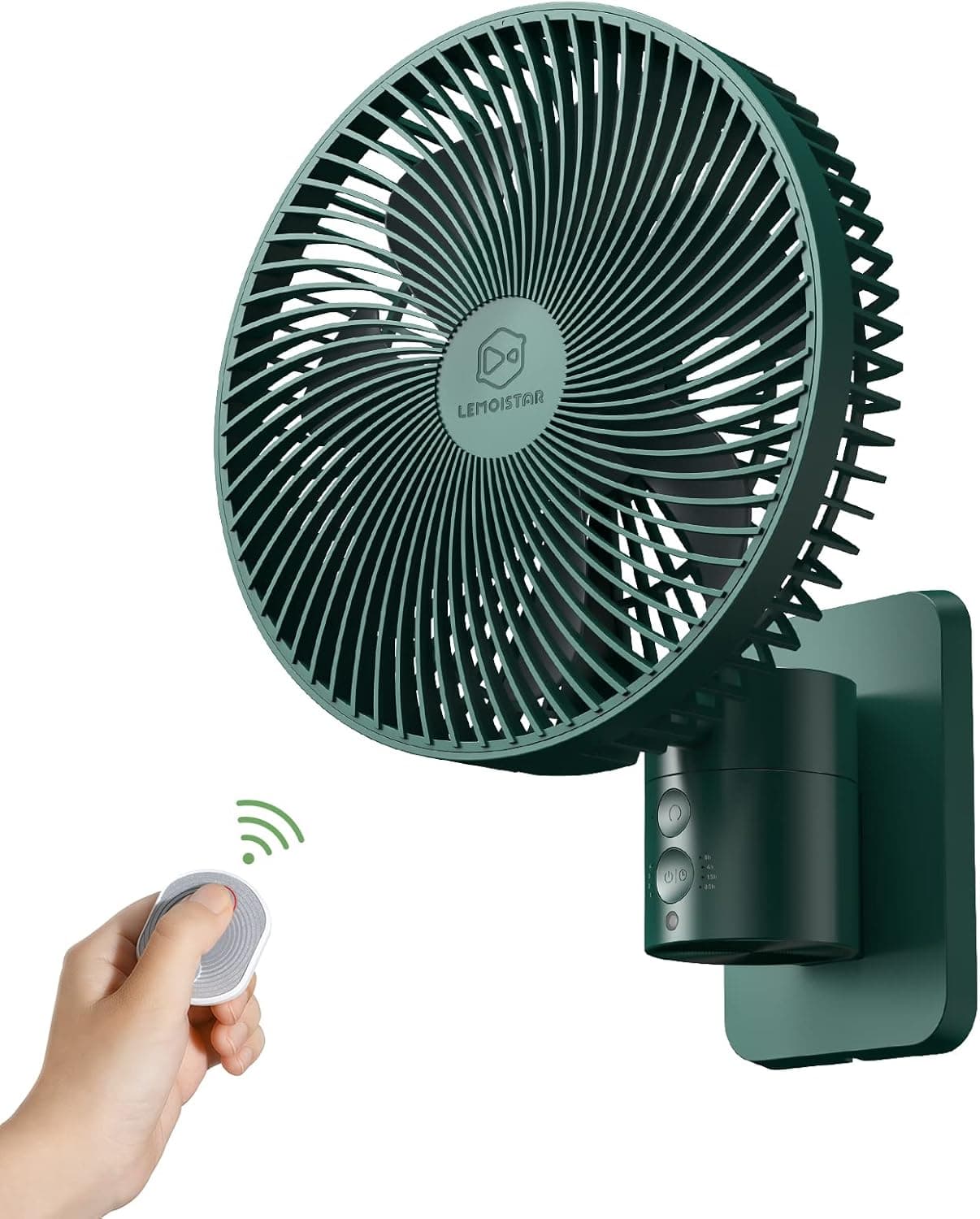 LEMOISTAR 8 Inch Small Wall Mounted Fan with Remote Control, AC/DC(12V), 90°Oscillating, 4 Speeds, Timer, Adjustable Tilt,70-Inches Cord Ultra Quiet, for Home Office Bedroom Garage RV Camping-Green