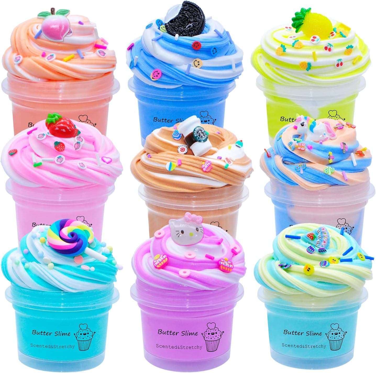 9 Pack Fruit Dessert Butter Slime kit for Girls, Party Favor Stress Relief Gifts Scented Sludge DIY Cake Toy for Kids