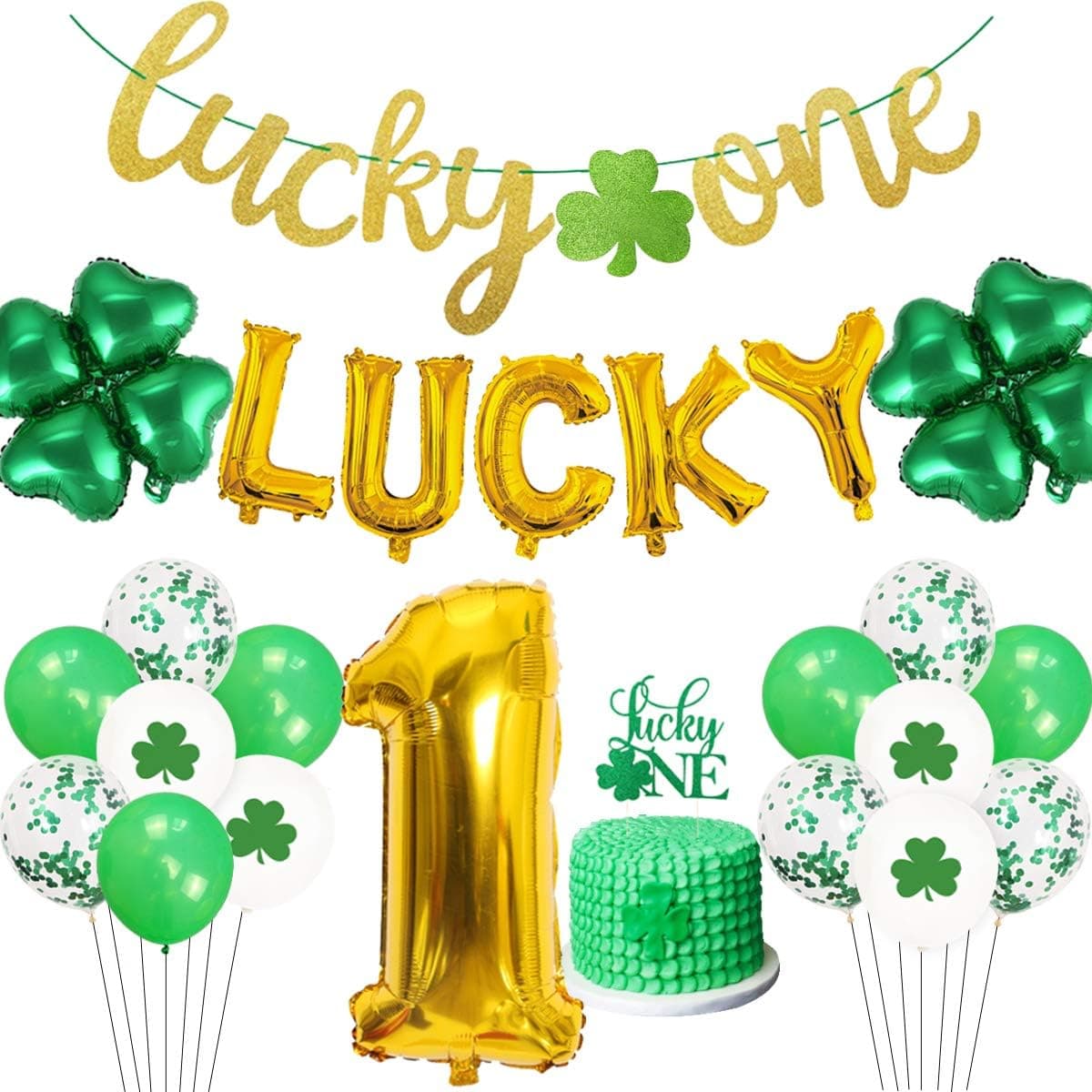 St. Patrick's Day 1st Birthday Party Decorations Kit, Lucky One Garland Banner Cake Topper Shamrock Irish First Birthday Party Supplies
